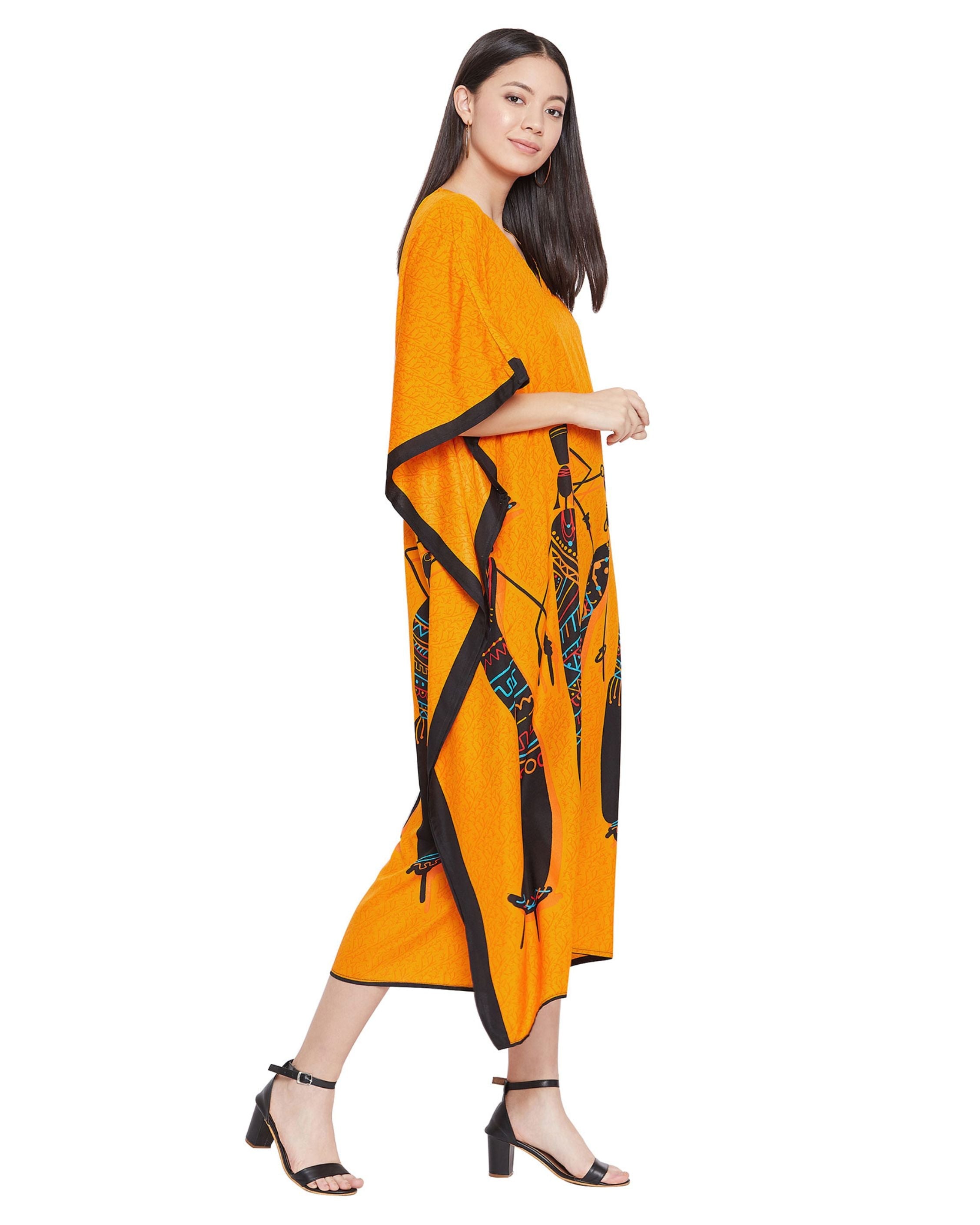 Orange Polyester Tribal Printed Plus Size Kaftan For Women