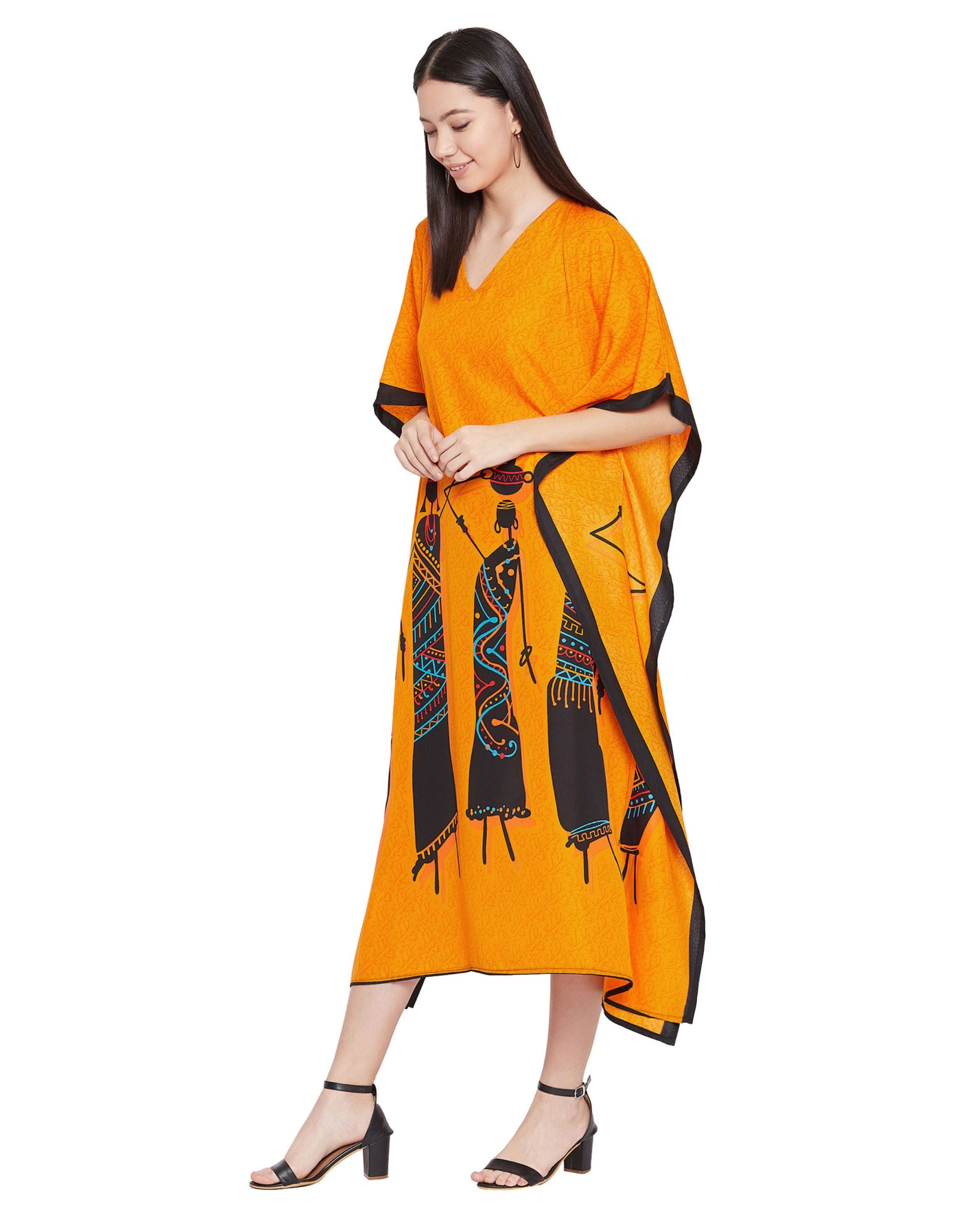 Orange Polyester Tribal Printed Plus Size Kaftan For Women