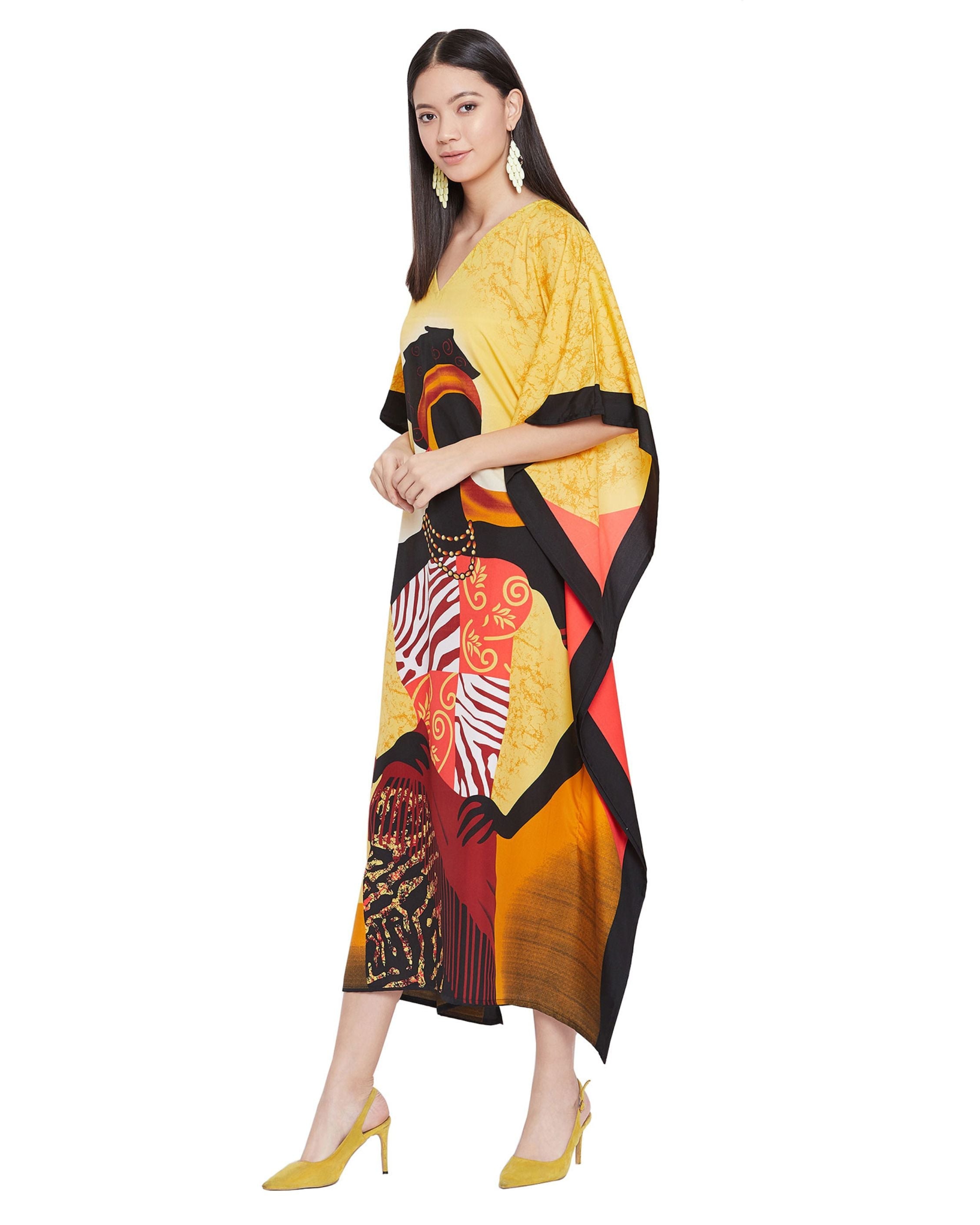 Golden Dress Tribal Printed Polyester Kaftan For Plus Size Women