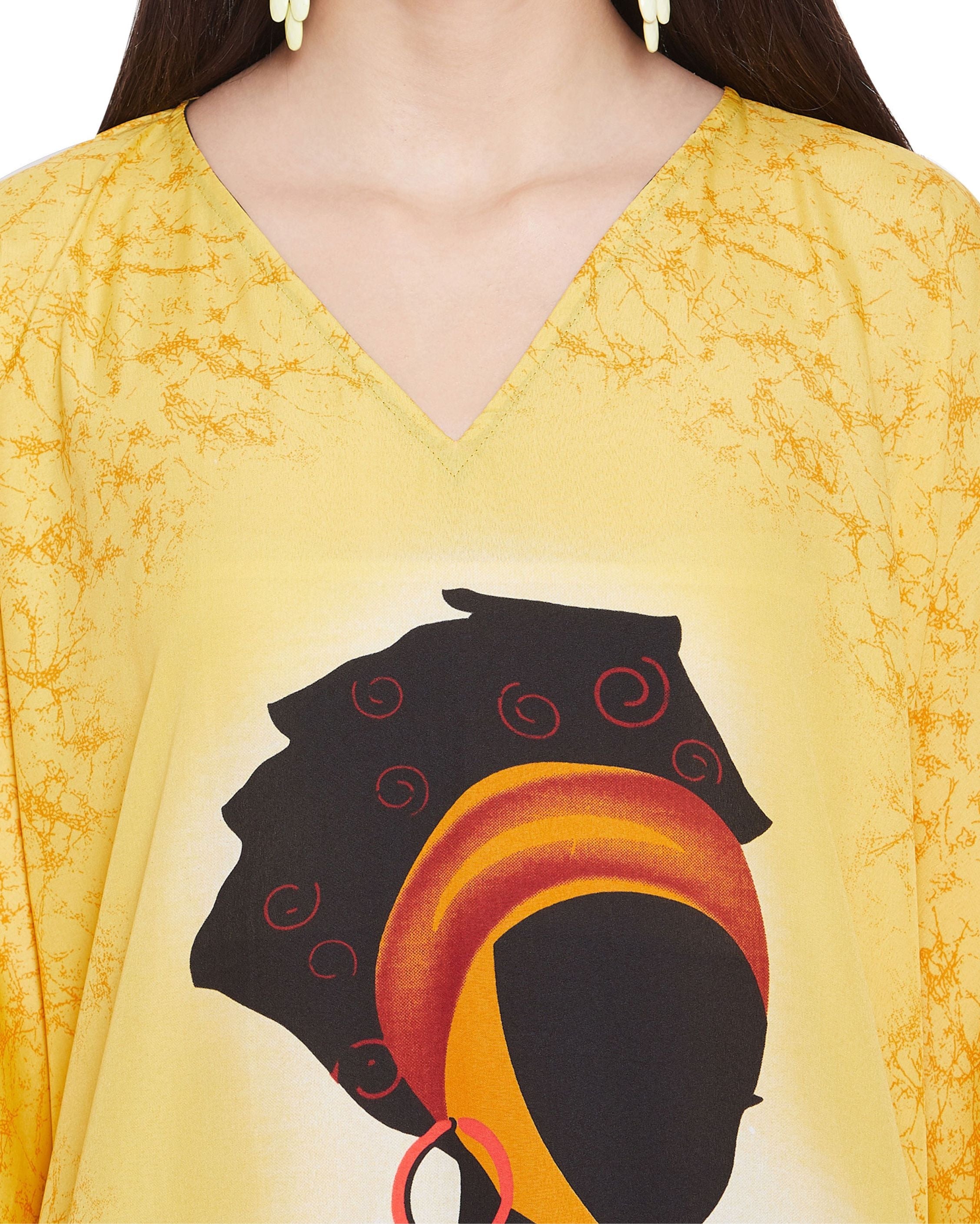 Golden Dress Tribal Printed Polyester Kaftan For Plus Size Women