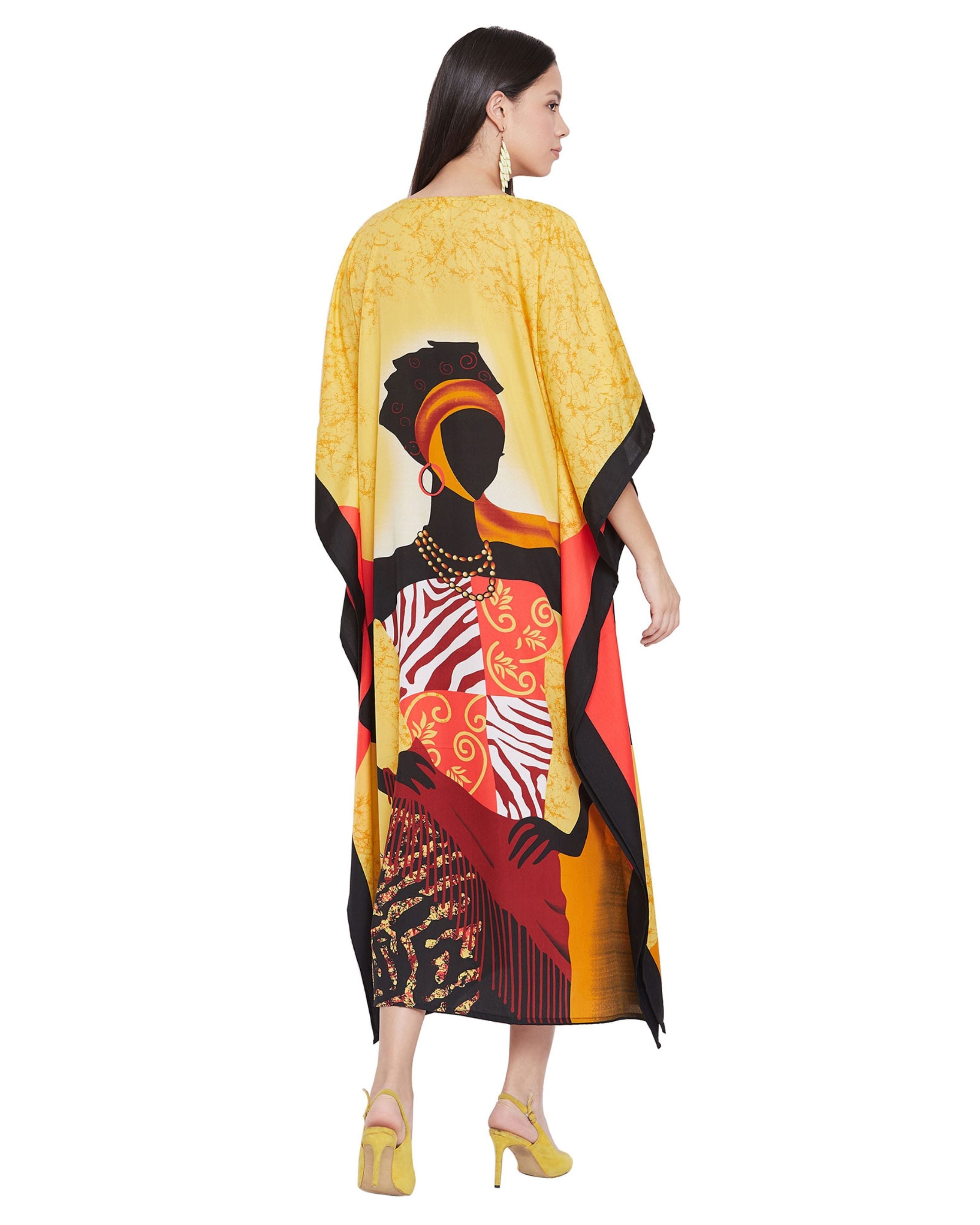 Golden Dress Tribal Printed Polyester Kaftan For Plus Size Women