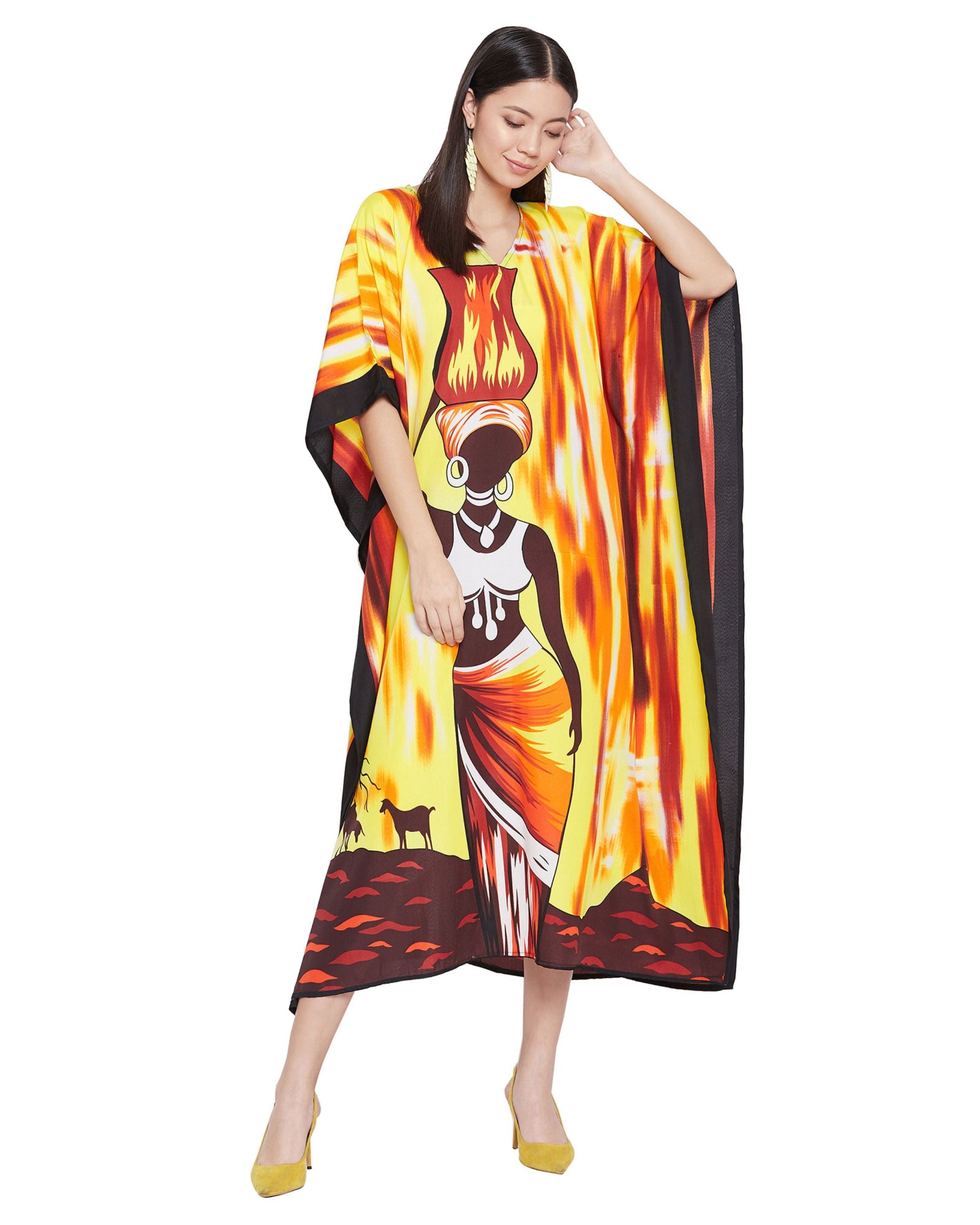 Yellow Tribal Printed Polyester Kaftan For Plus Size Women