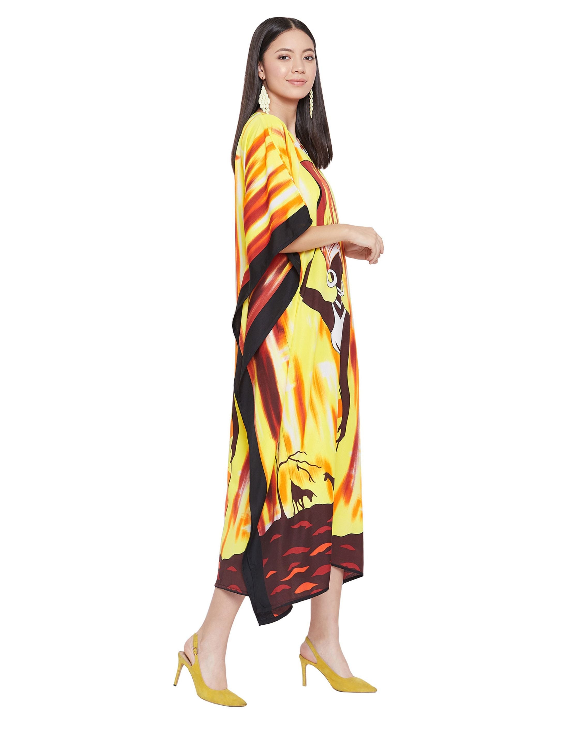 Yellow Tribal Printed Polyester Kaftan For Plus Size Women