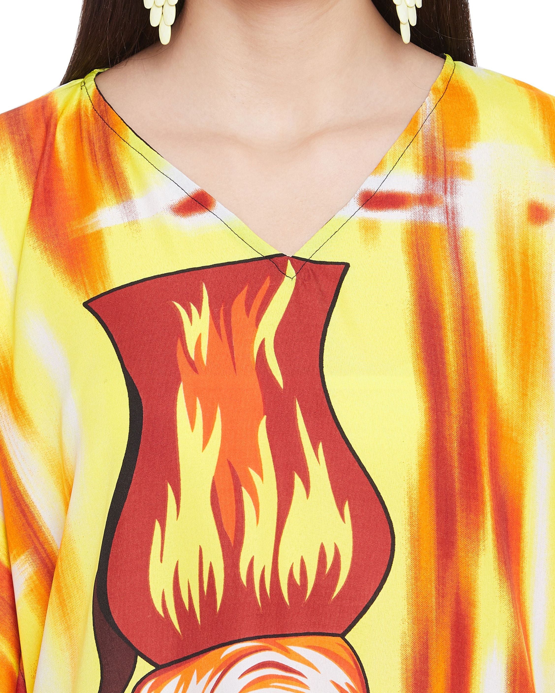 Yellow Tribal Printed Polyester Kaftan For Plus Size Women