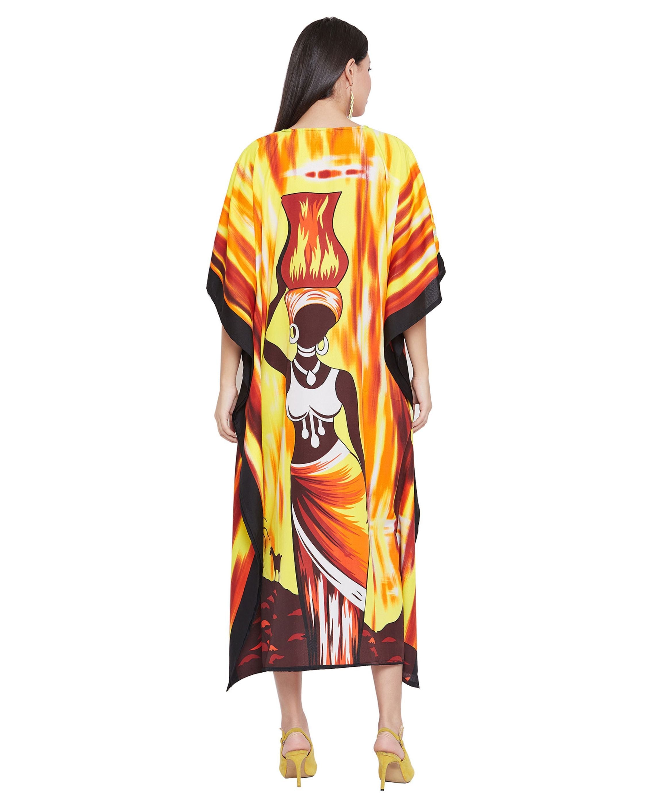 Yellow Tribal Printed Polyester Kaftan For Plus Size Women