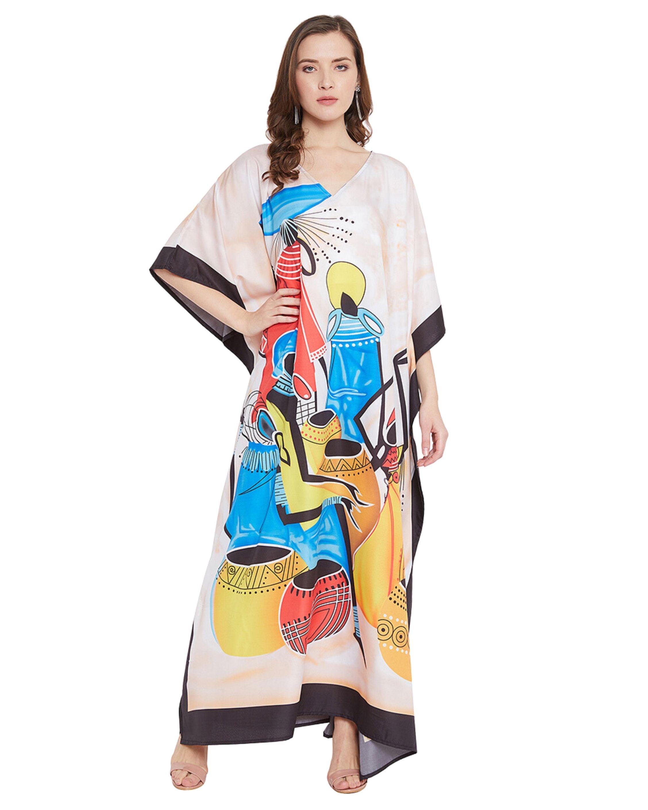 Tribal Printed Multicolor Polyester Plus Size Kaftan For Women
