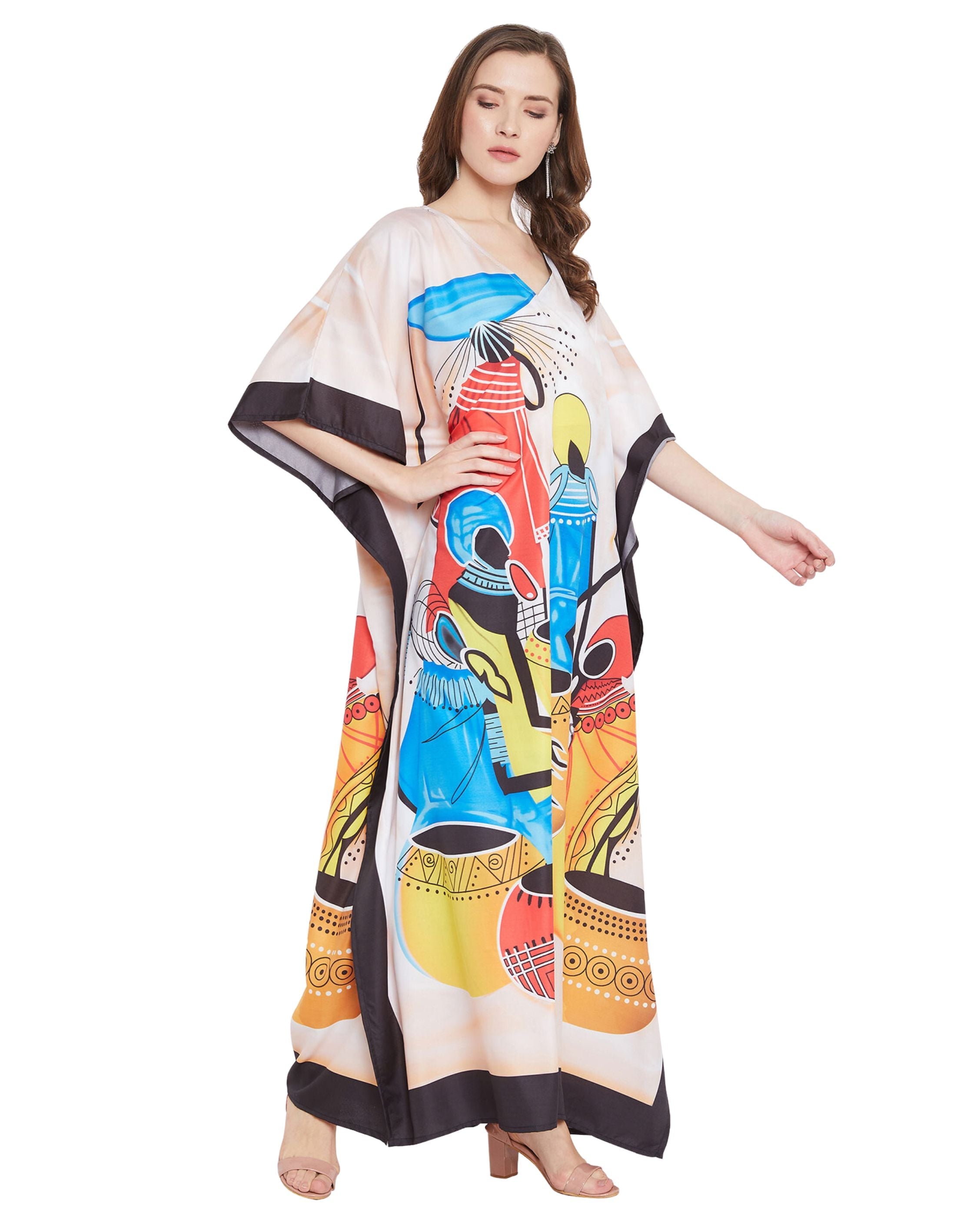 Tribal Printed Multicolor Polyester Plus Size Kaftan For Women