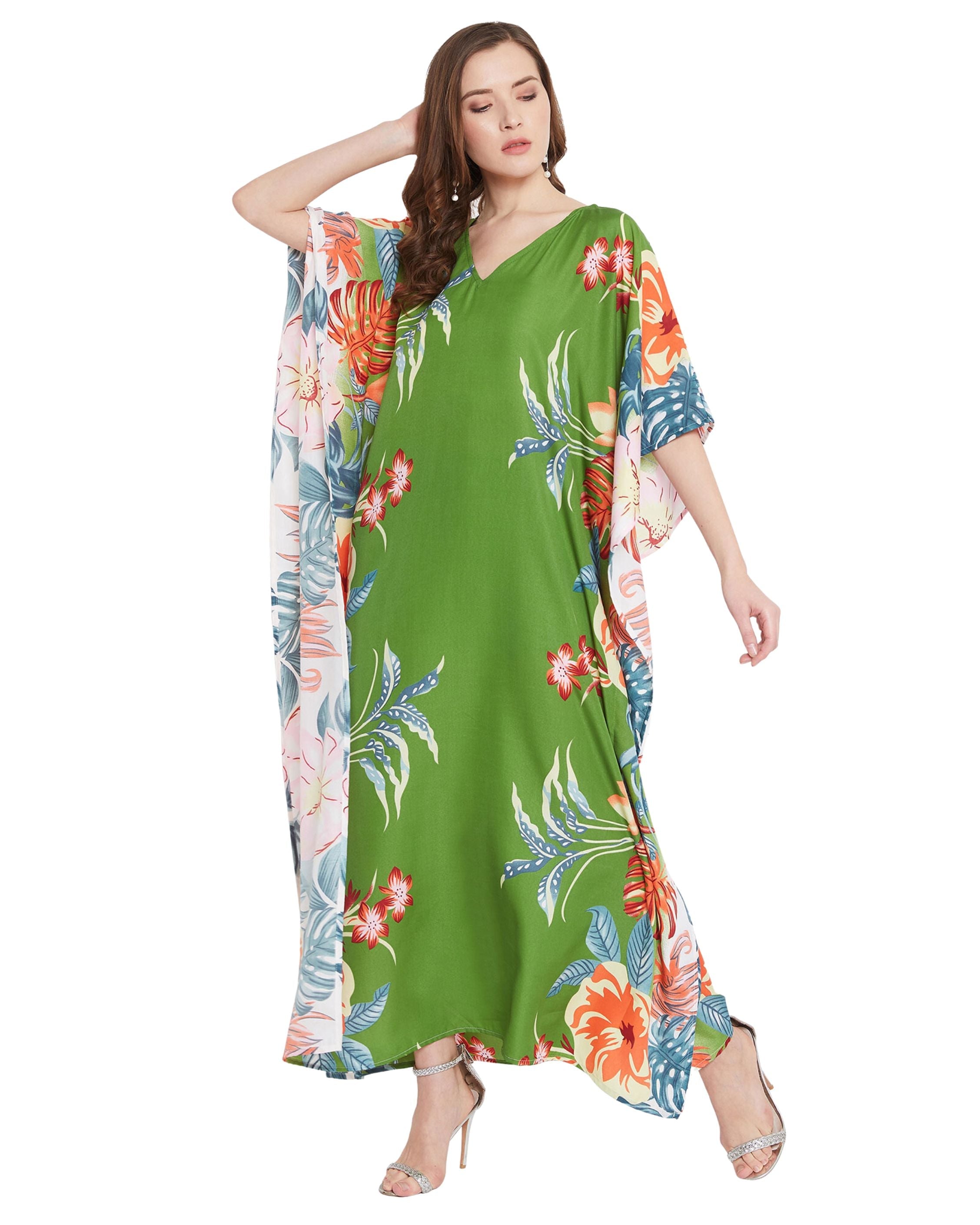 Floral Printed Green Polyester Kaftan Plus Size Dress For Women
