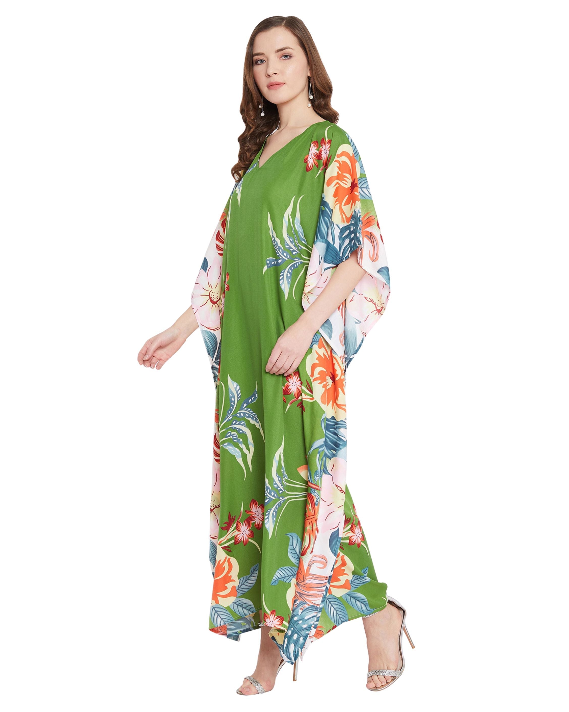 Floral Printed Green Polyester Kaftan Plus Size Dress For Women