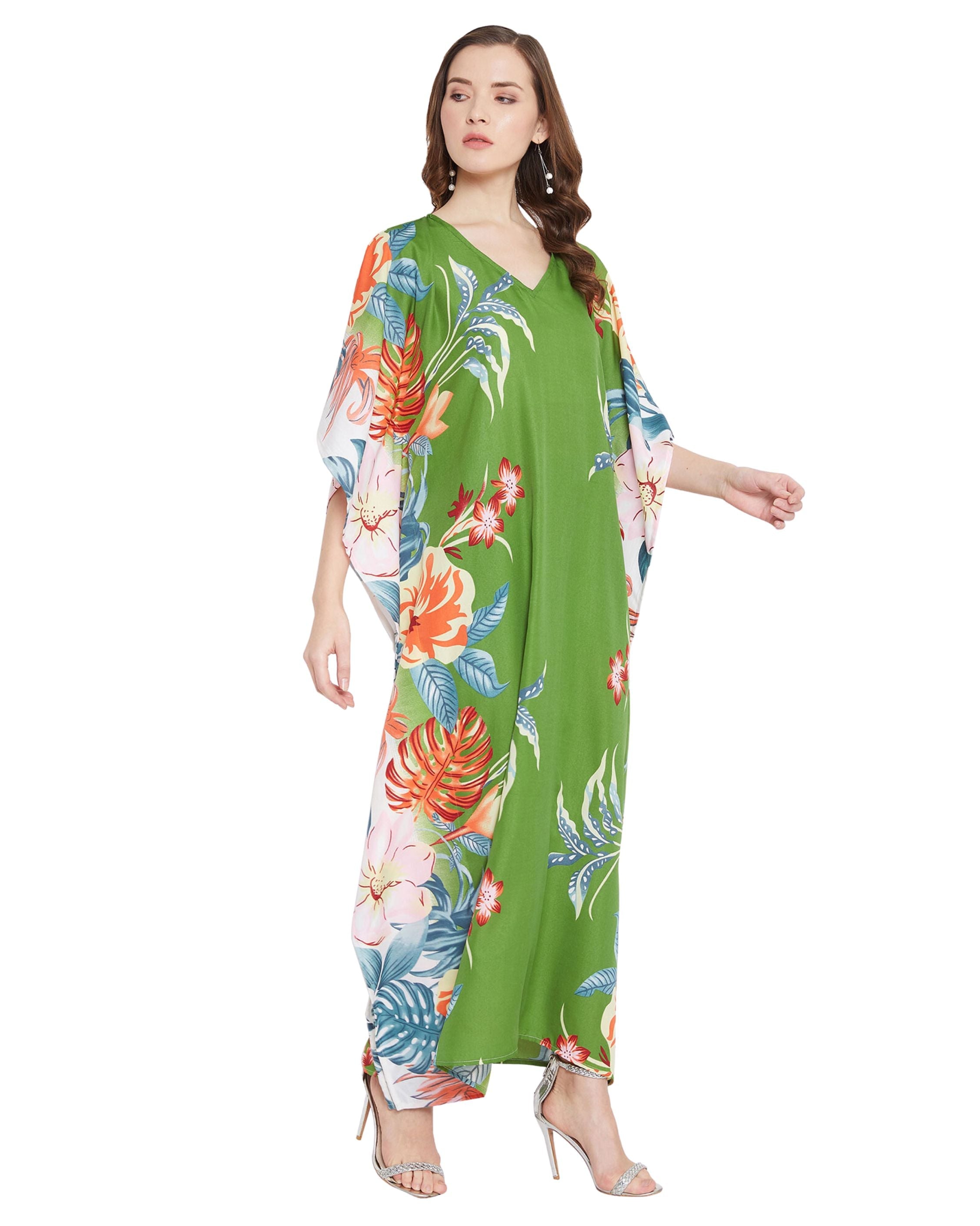 Floral Printed Green Polyester Kaftan Plus Size Dress For Women
