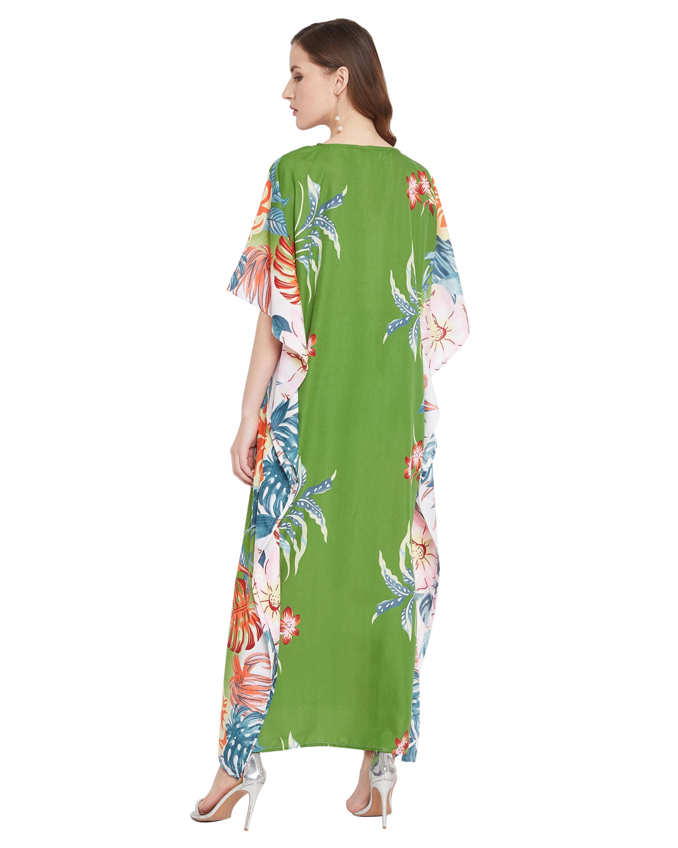 Floral Printed Green Polyester Kaftan Plus Size Dress For Women
