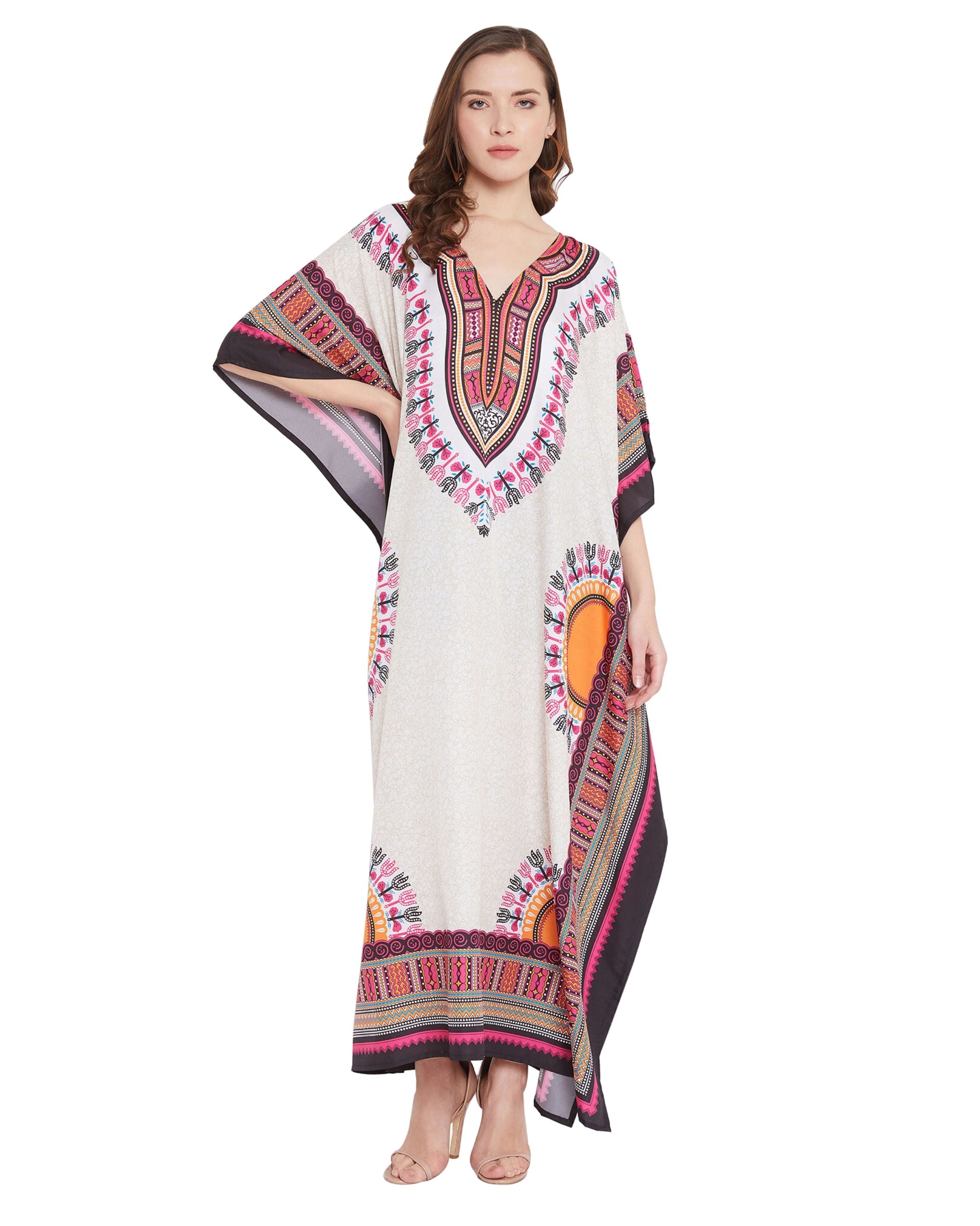 Beige Tribal Printed Polyester Plus Size Kaftan Dress For Women