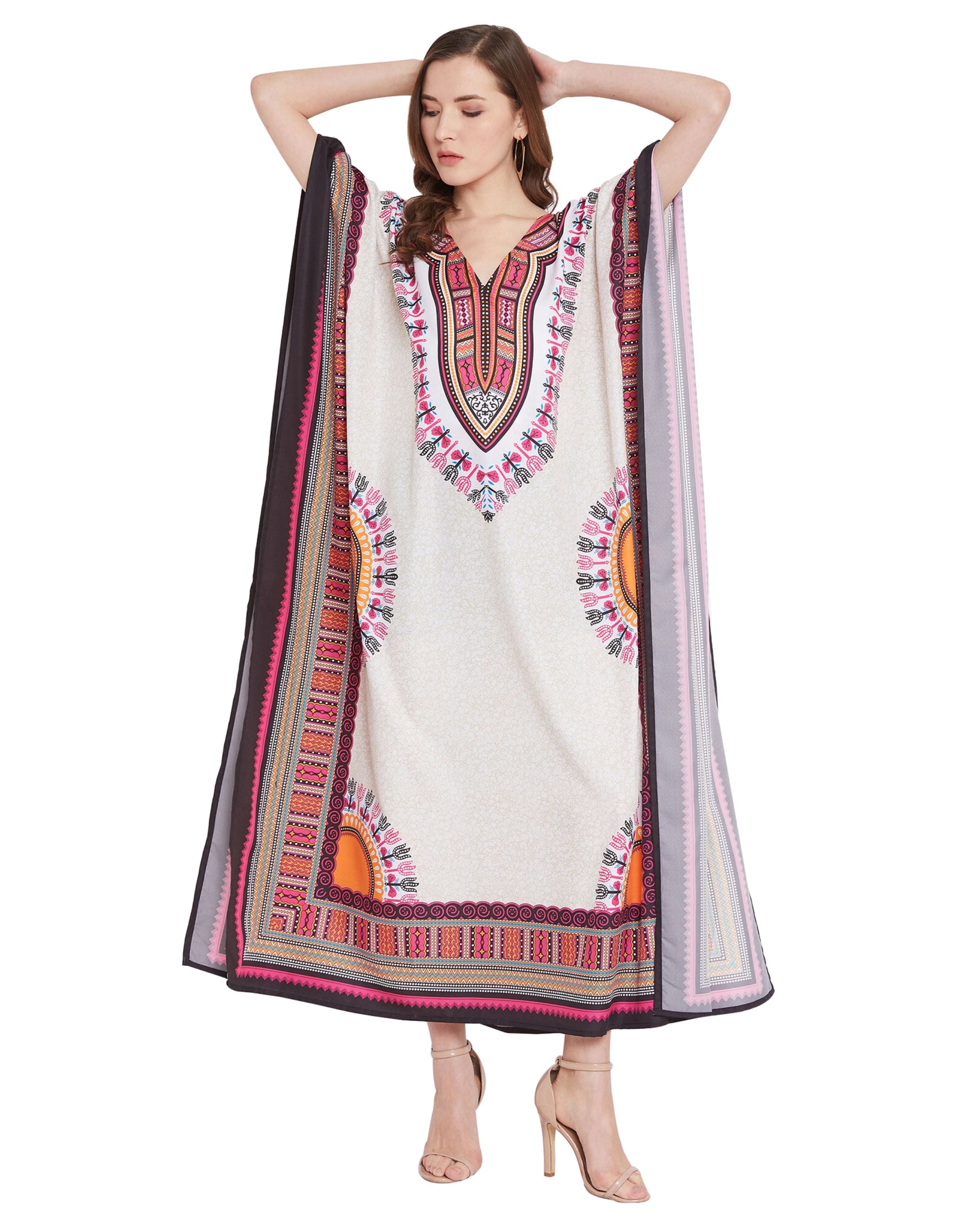Beige Tribal Printed Polyester Plus Size Kaftan Dress For Women