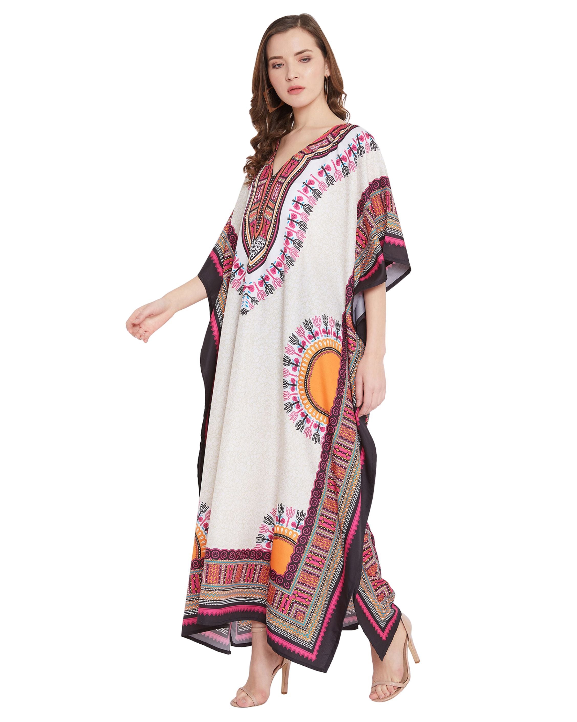 Beige Tribal Printed Polyester Plus Size Kaftan Dress For Women