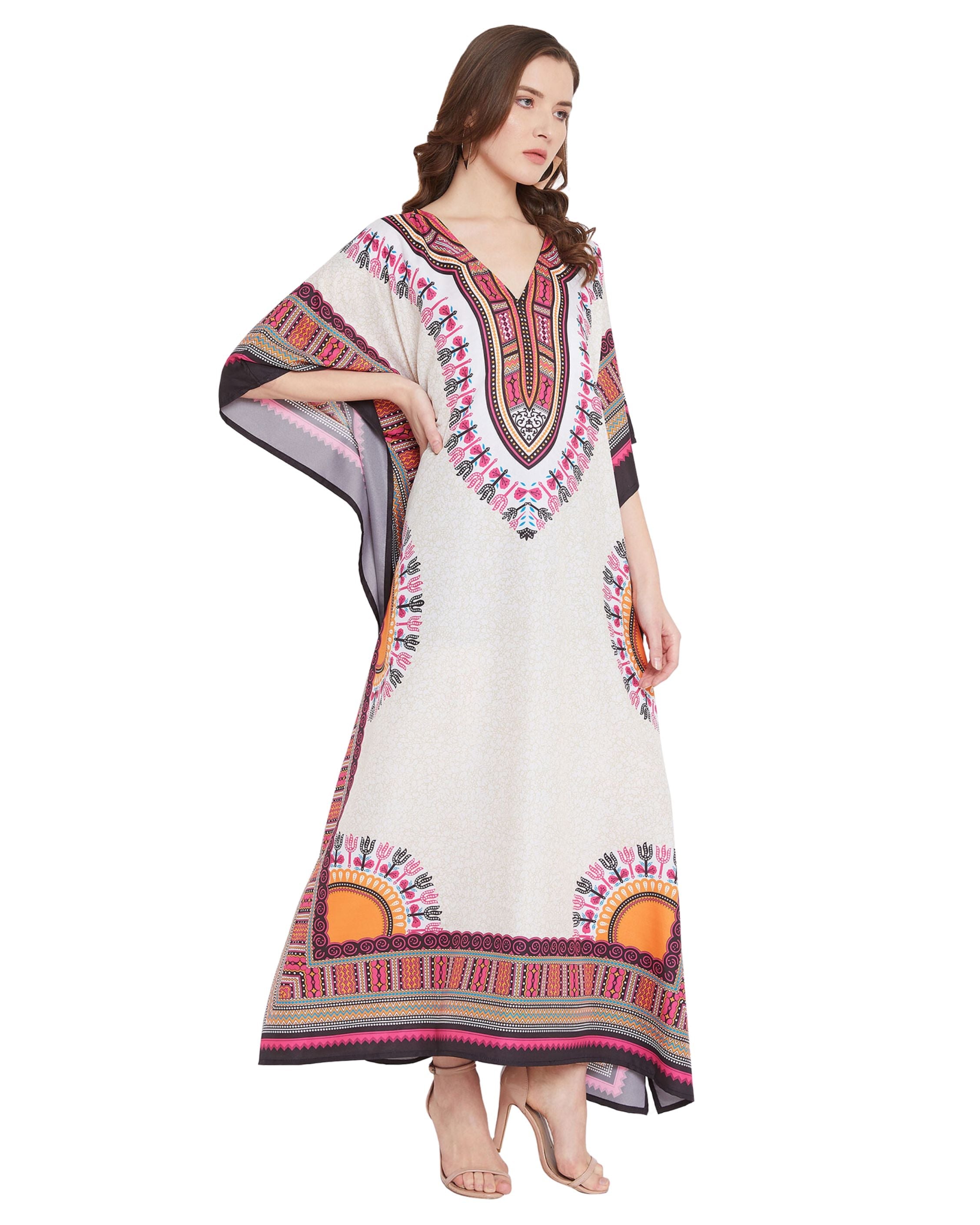 Beige Tribal Printed Polyester Plus Size Kaftan Dress For Women