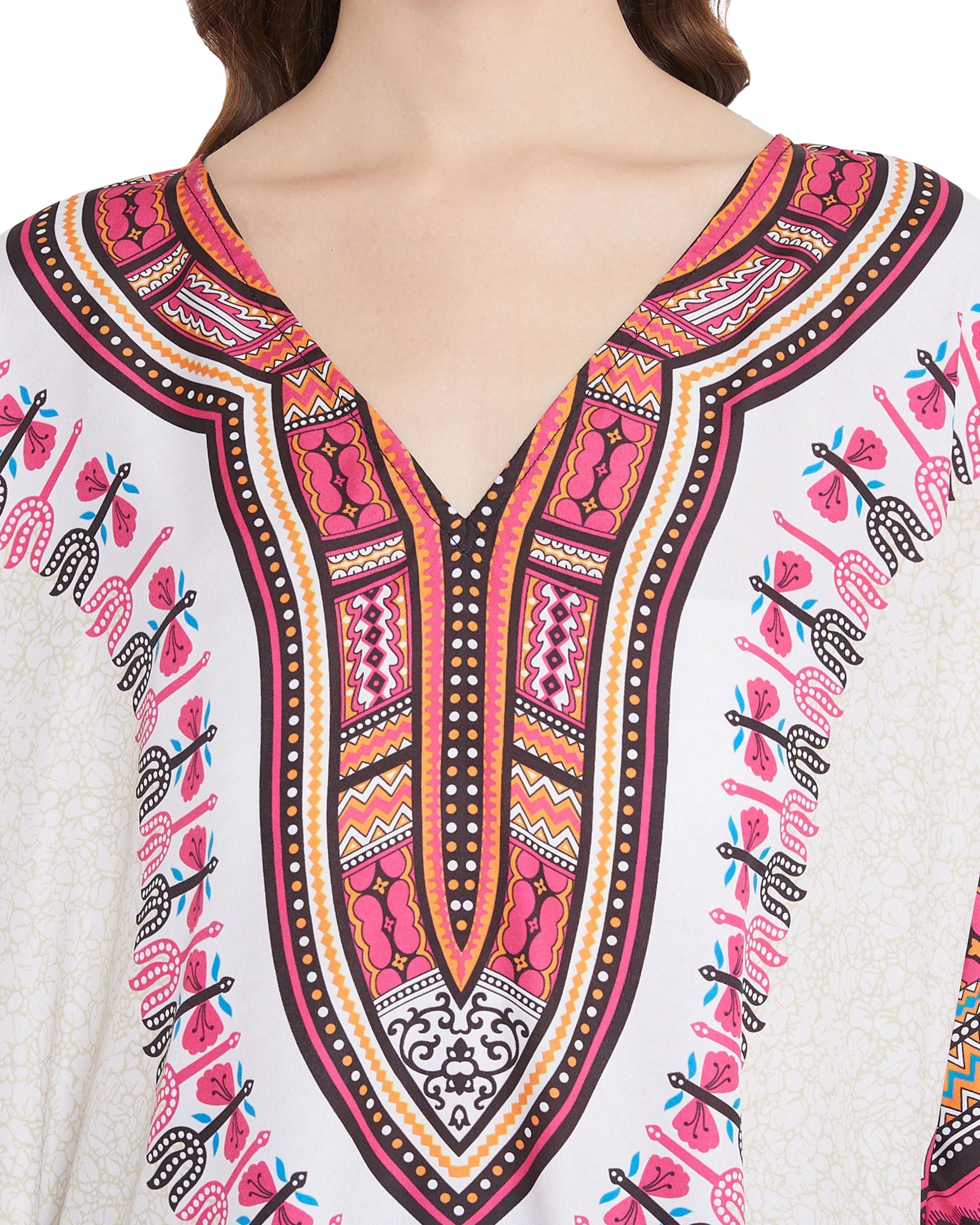 Beige Tribal Printed Polyester Plus Size Kaftan Dress For Women