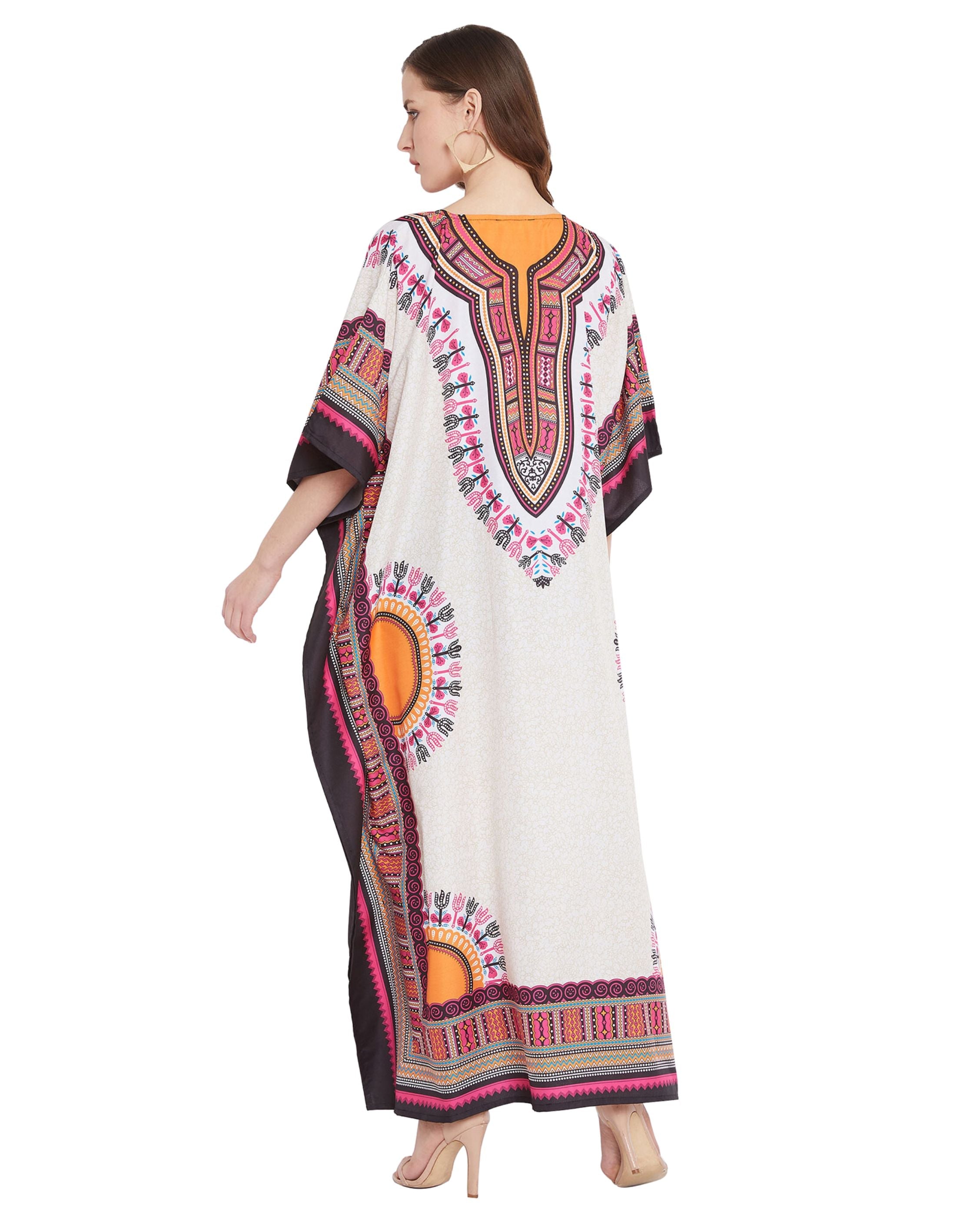 Beige Tribal Printed Polyester Plus Size Kaftan Dress For Women