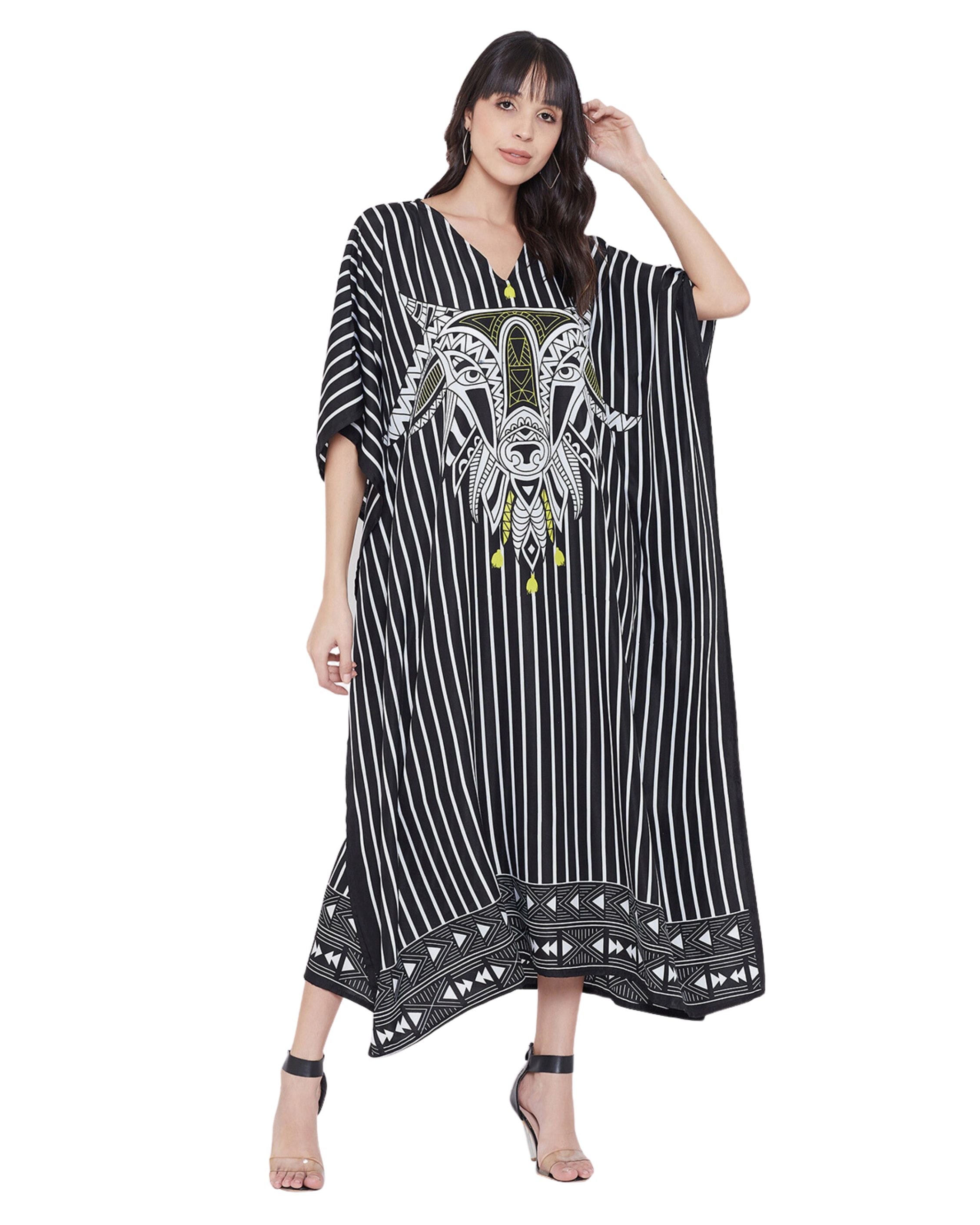 Stripe Animal Printed Black Polyester Kaftan For Women