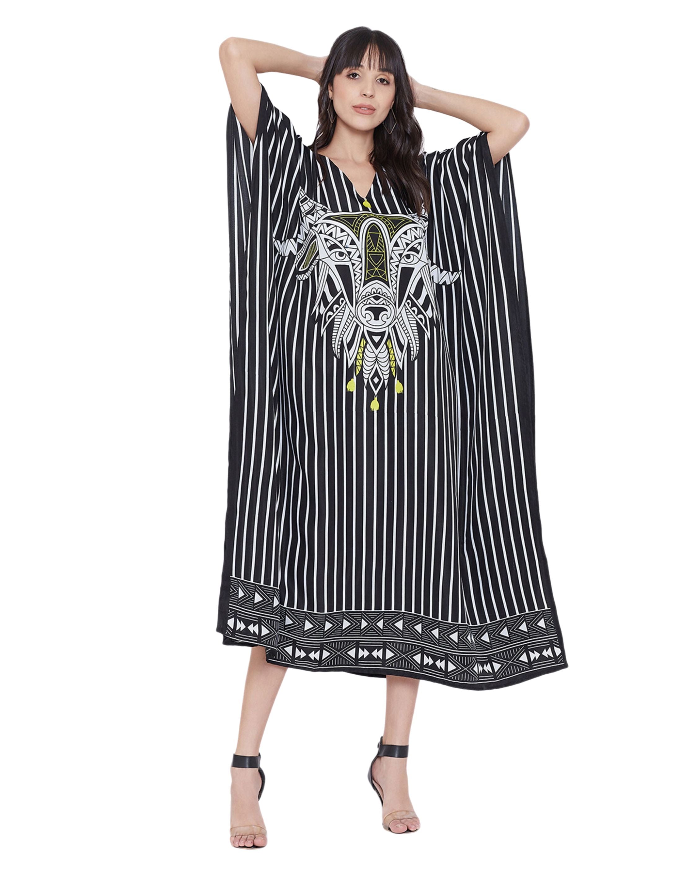 Stripe Animal Printed Black Polyester Kaftan For Women