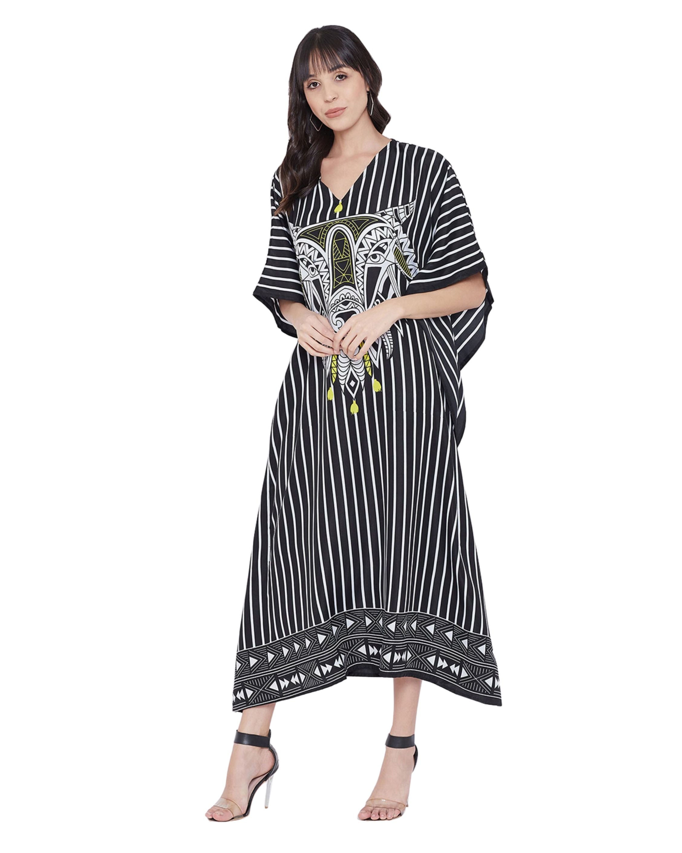 Stripe Animal Printed Black Polyester Kaftan For Women