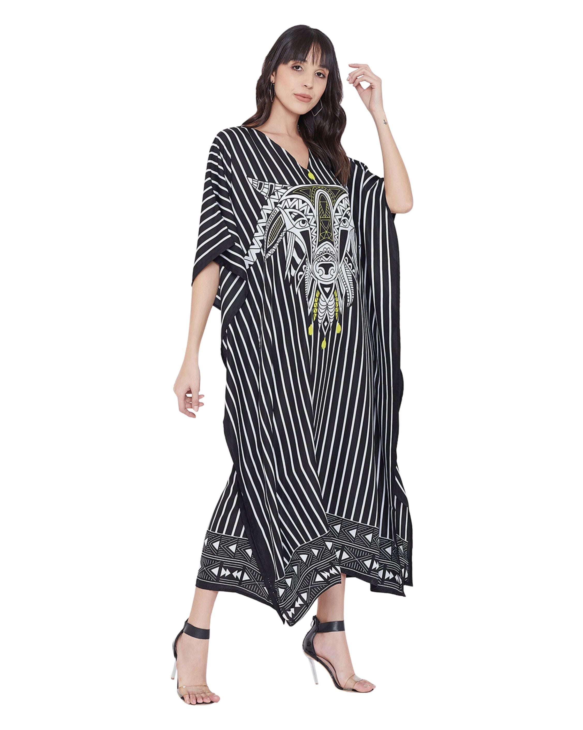 Stripe Animal Printed Black Polyester Kaftan For Women