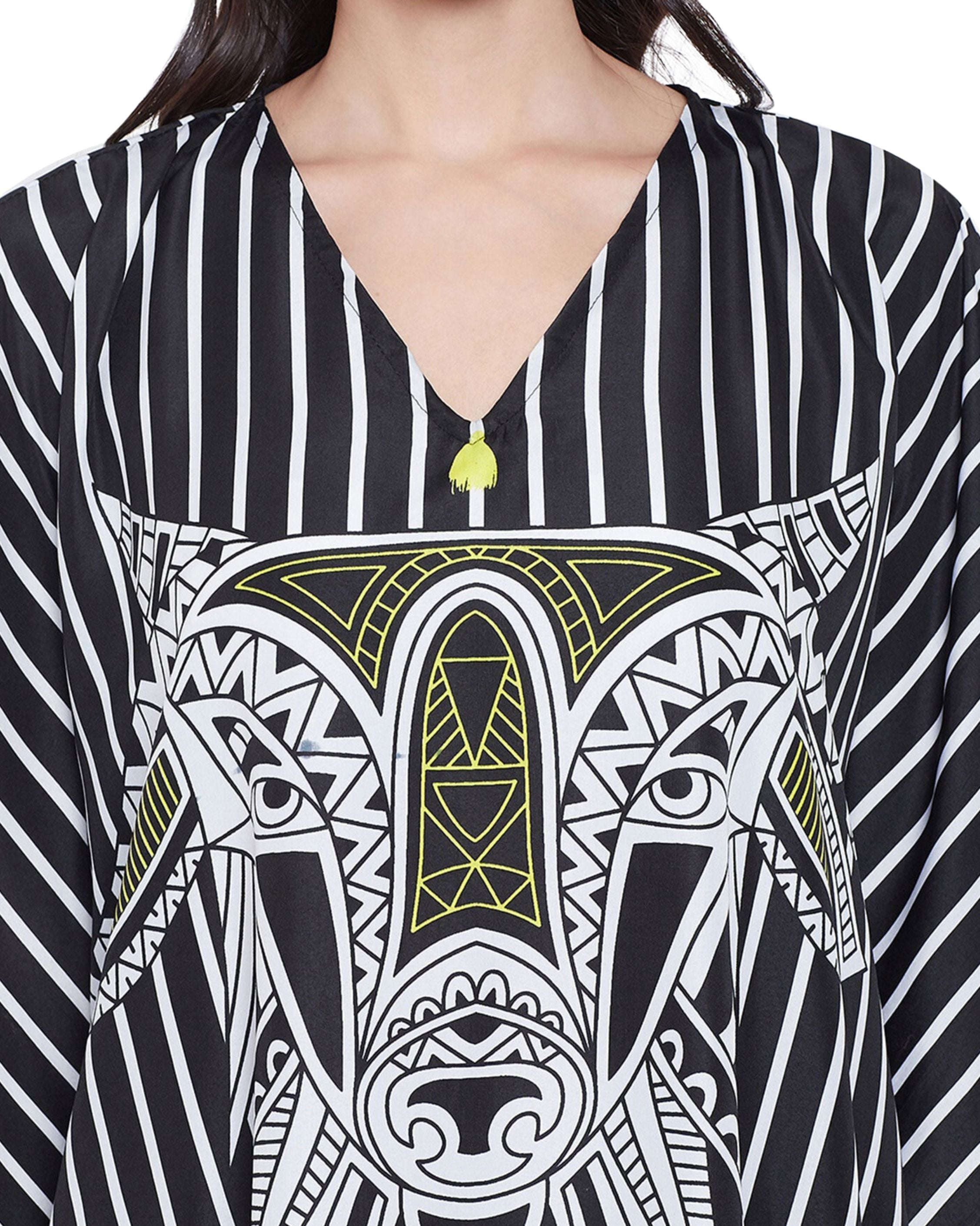 Stripe Animal Printed Black Polyester Kaftan For Women