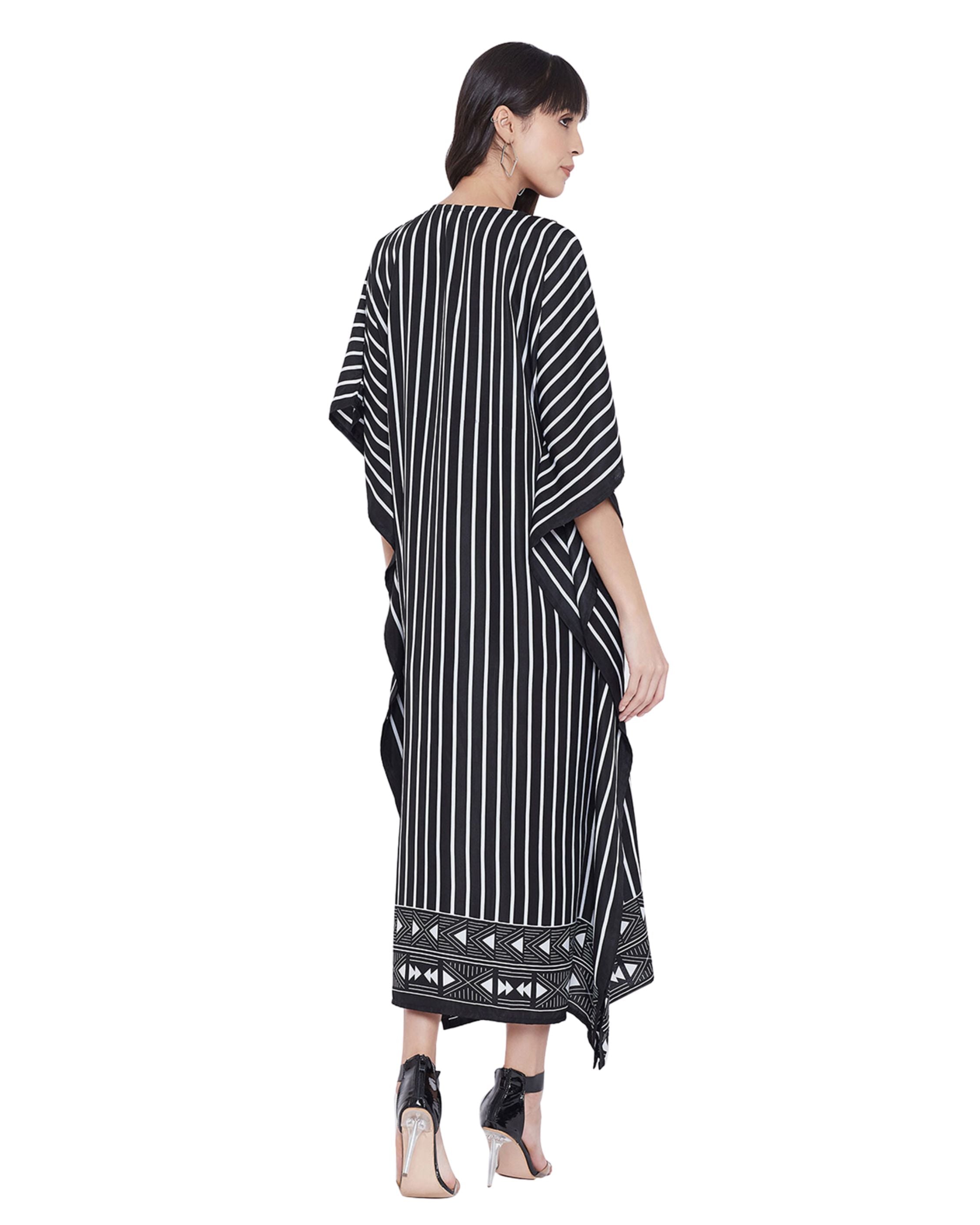 Stripe Animal Printed Black Polyester Kaftan For Women