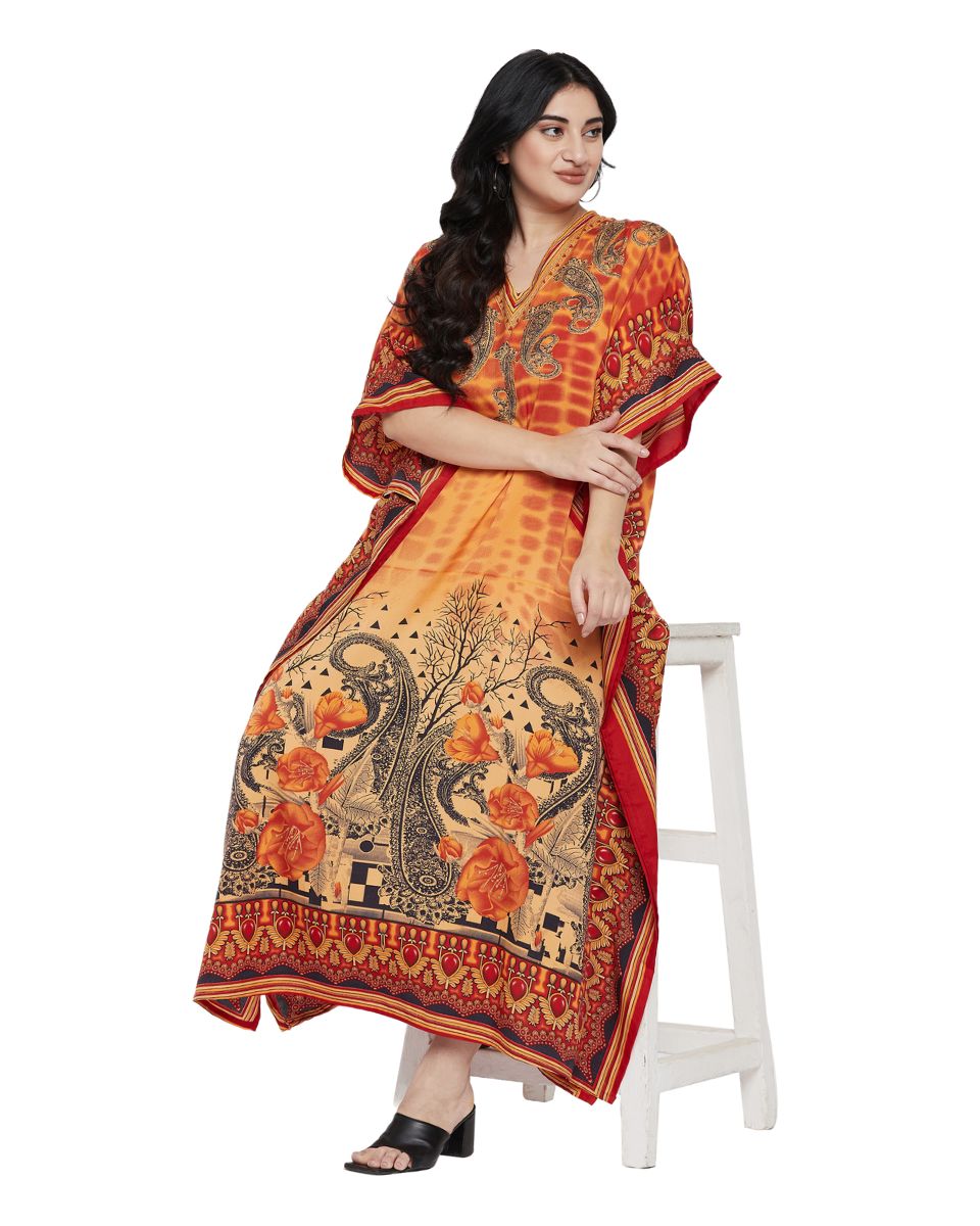 Paisley Print Orange Plus Size Polyester Kaftan For Women