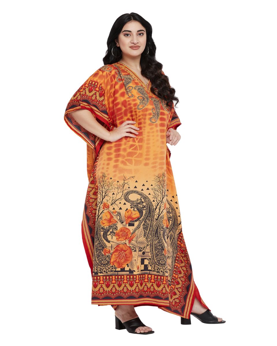 Paisley Print Orange Plus Size Polyester Kaftan For Women