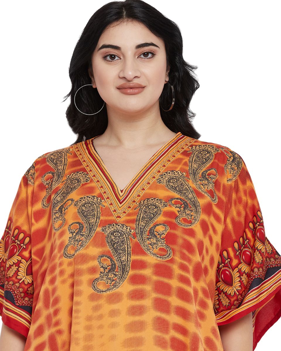 Paisley Print Orange Plus Size Polyester Kaftan For Women