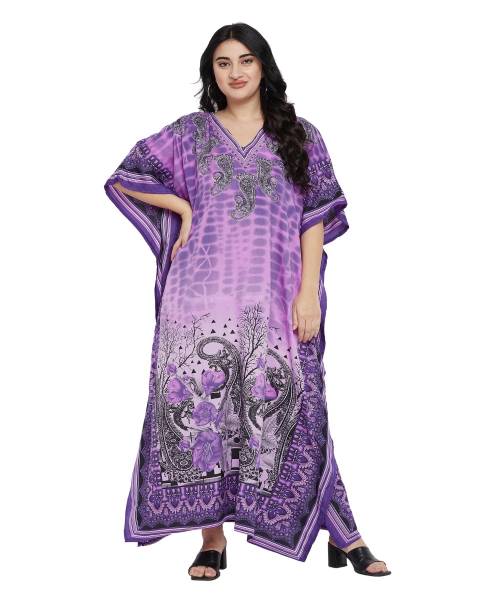 Paisley Printed Purple Polyester Plus Size Kaftan Dress For Women