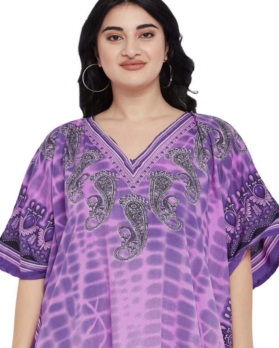 Paisley Printed Purple Polyester Plus Size Kaftan Dress For Women