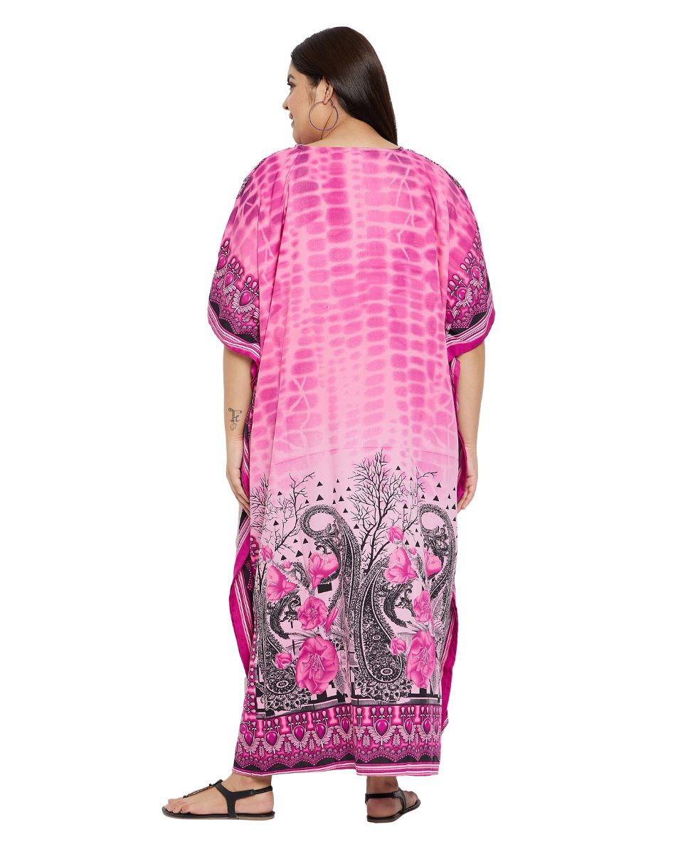 Paisley Printed Pink Plus Size Polyester Kaftan Dress For Women