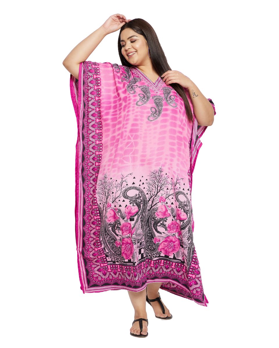 Paisley Printed Pink Plus Size Polyester Kaftan Dress For Women
