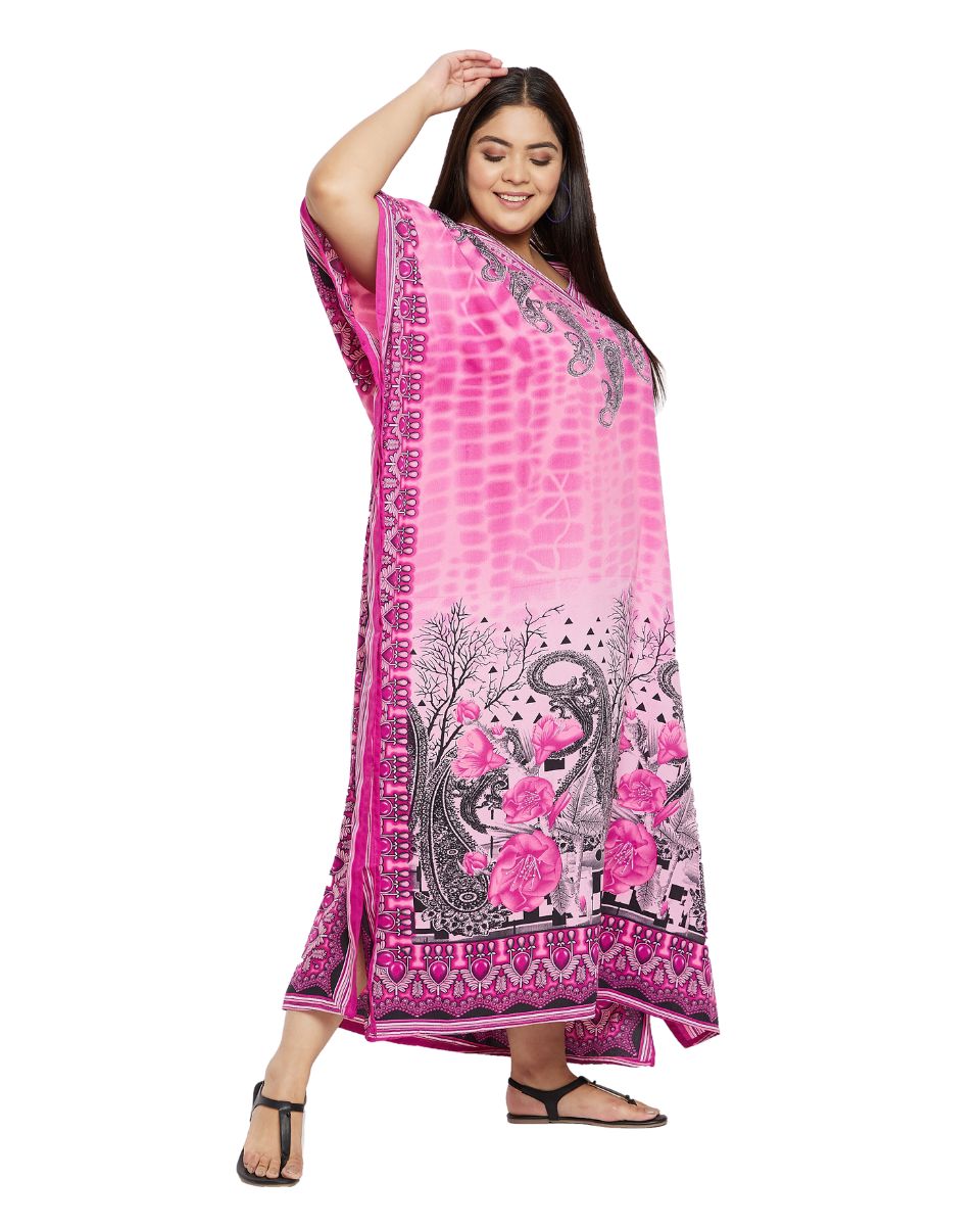 Paisley Printed Pink Plus Size Polyester Kaftan Dress For Women