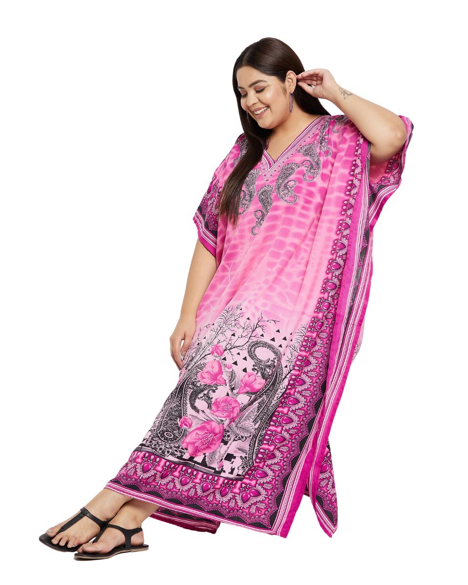 Paisley Printed Pink Plus Size Polyester Kaftan Dress For Women