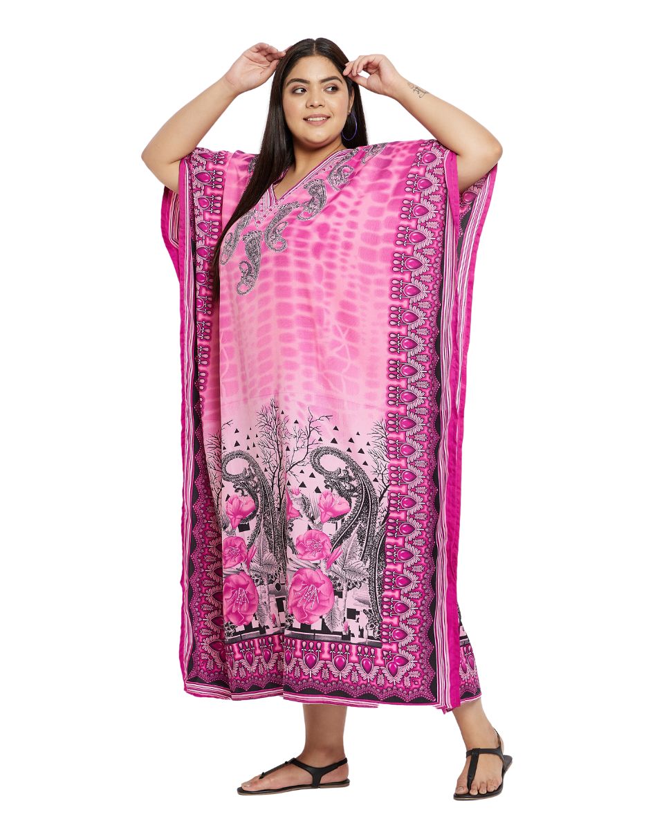 Paisley Printed Pink Plus Size Polyester Kaftan Dress For Women