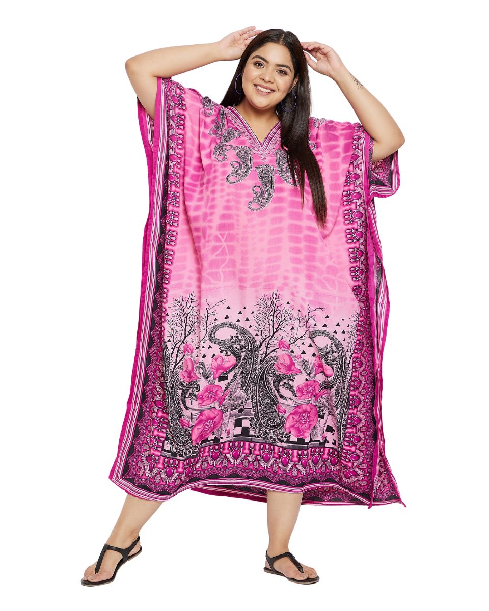 Paisley Printed Pink Plus Size Polyester Kaftan Dress For Women