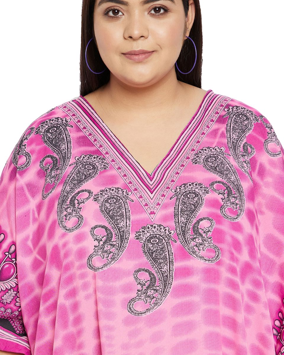 Paisley Printed Pink Plus Size Polyester Kaftan Dress For Women
