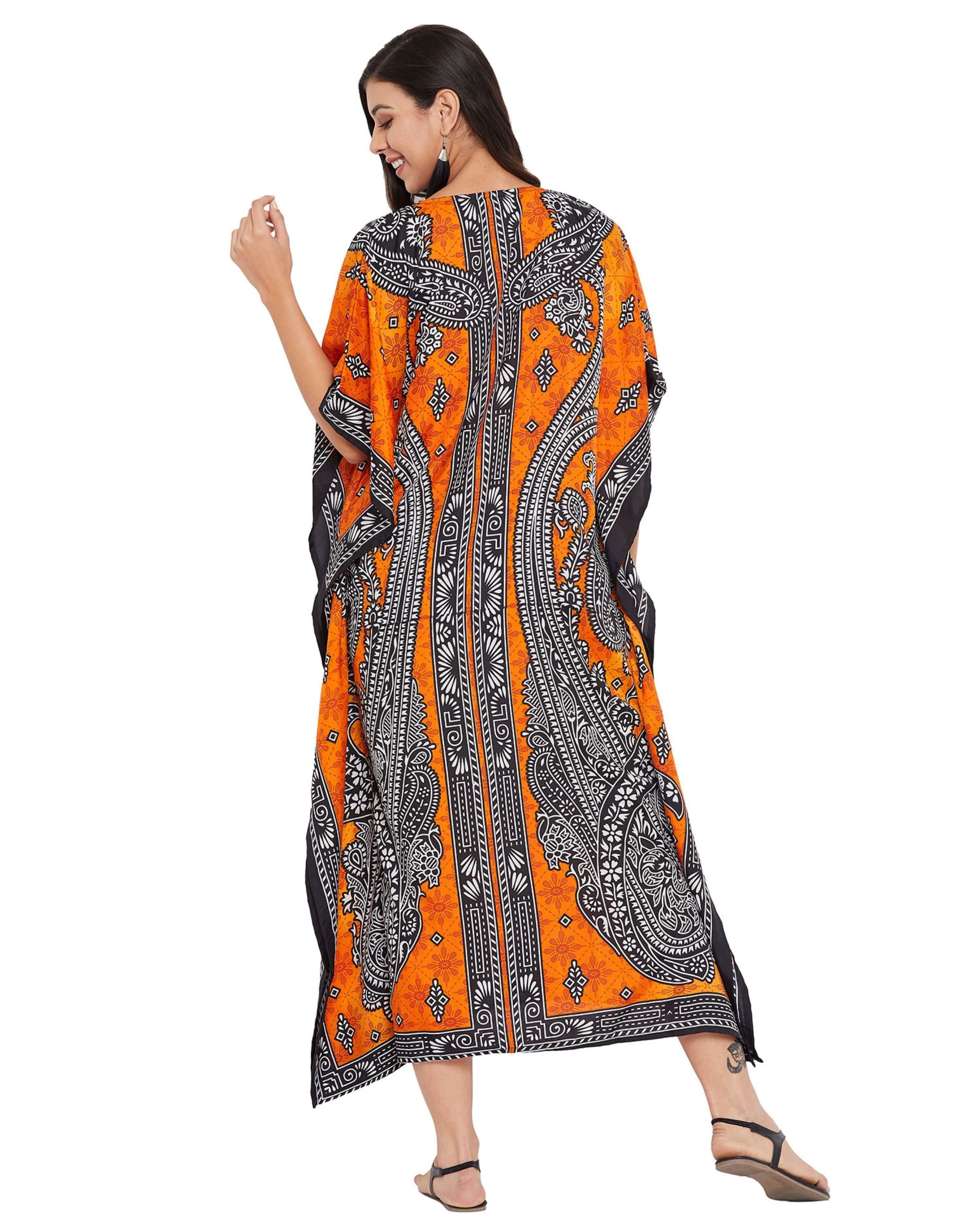 Paisley Printed Plus Size Orange Polyester Kaftan For Women