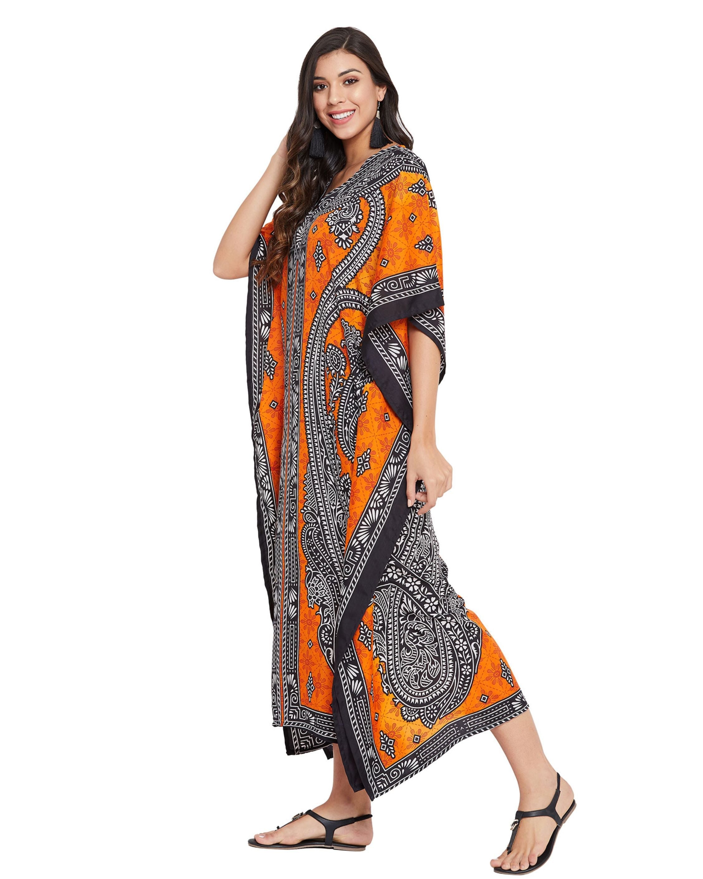Paisley Printed Plus Size Orange Polyester Kaftan For Women