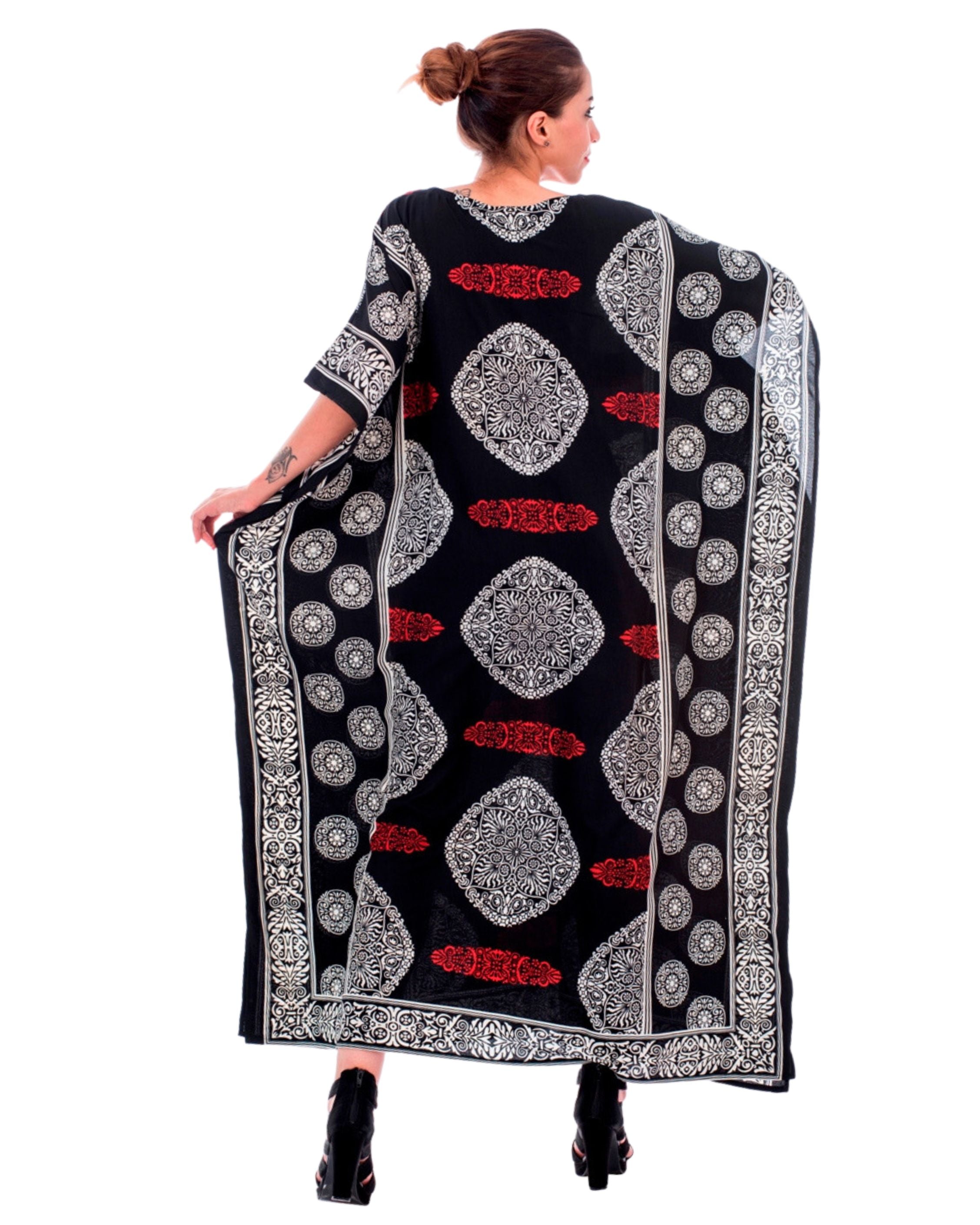 Floral Printed Black Polyester Kaftan Dress For Plus Size Women