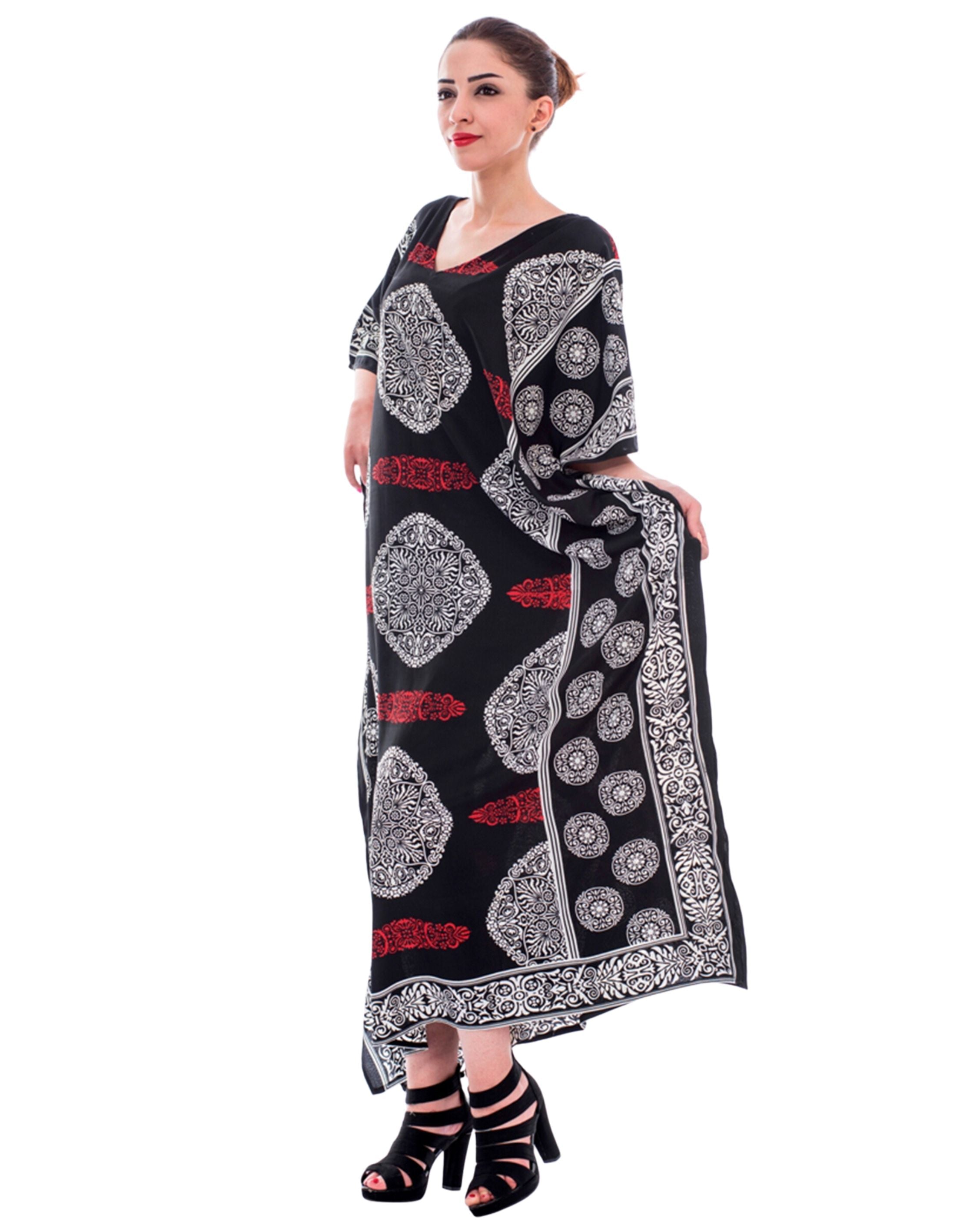 Floral Printed Black Polyester Kaftan Dress For Plus Size Women