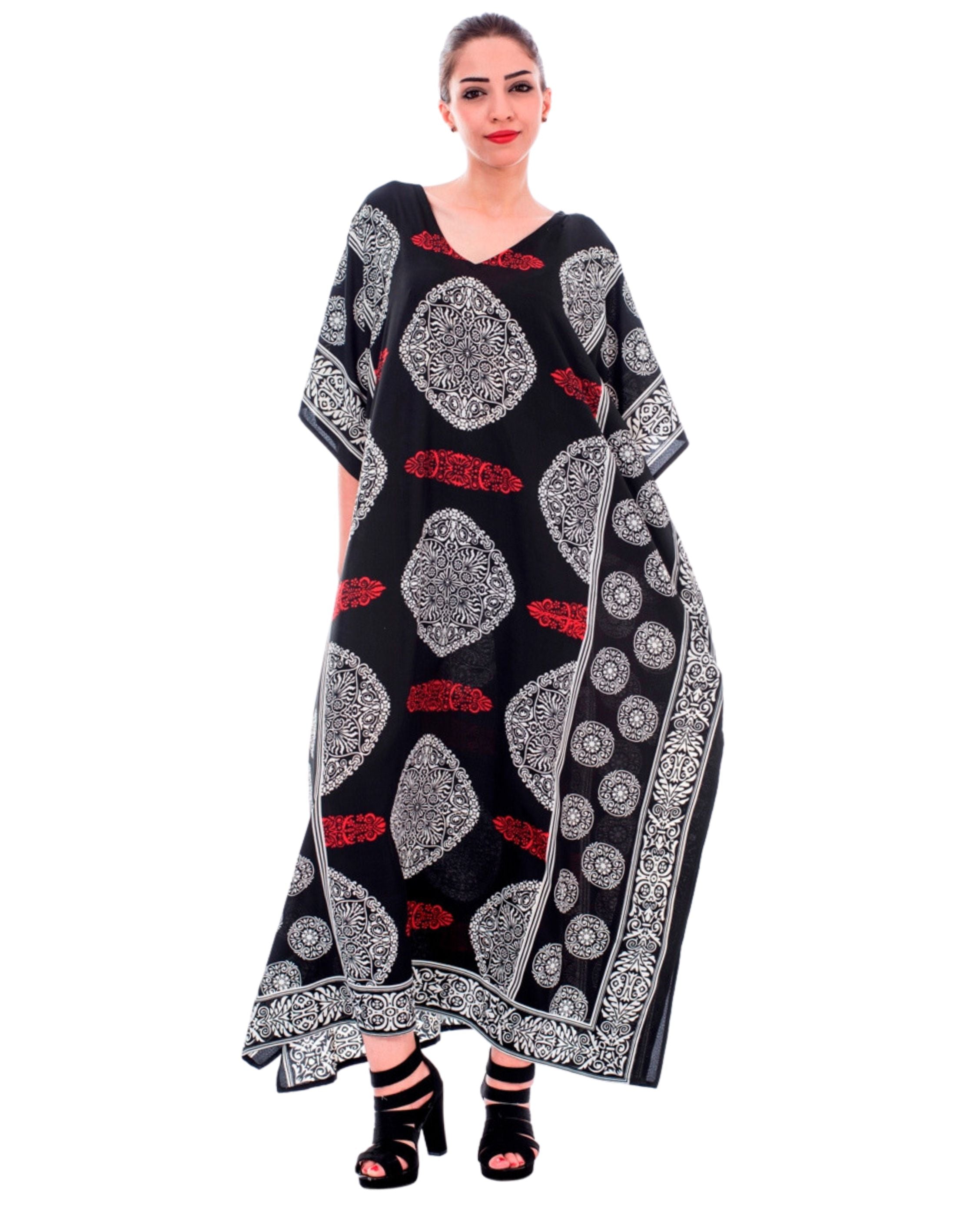 Floral Printed Black Polyester Kaftan Dress For Plus Size Women