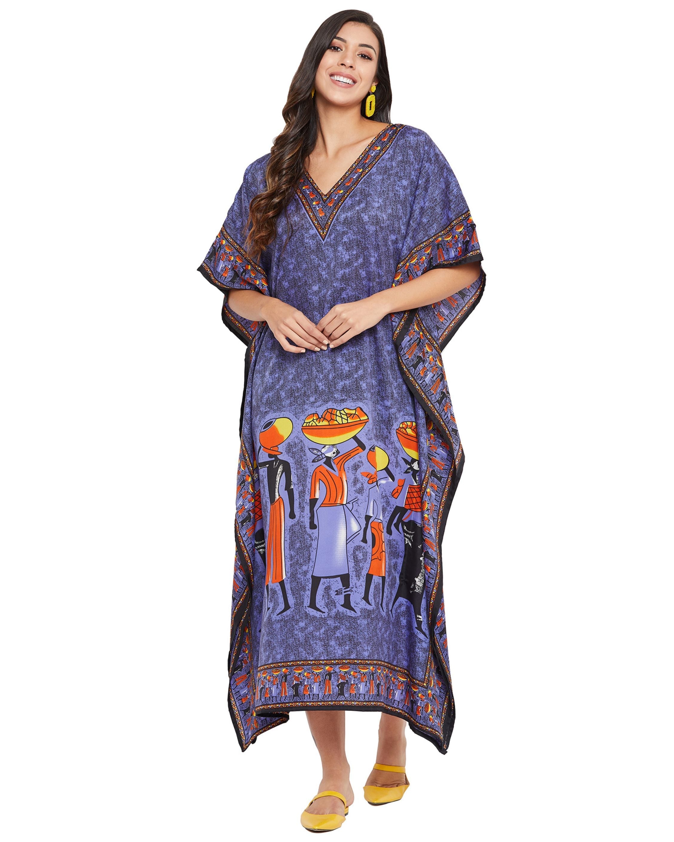 Purple Tribal Printed Polyester Kaftan For Plus Size Women