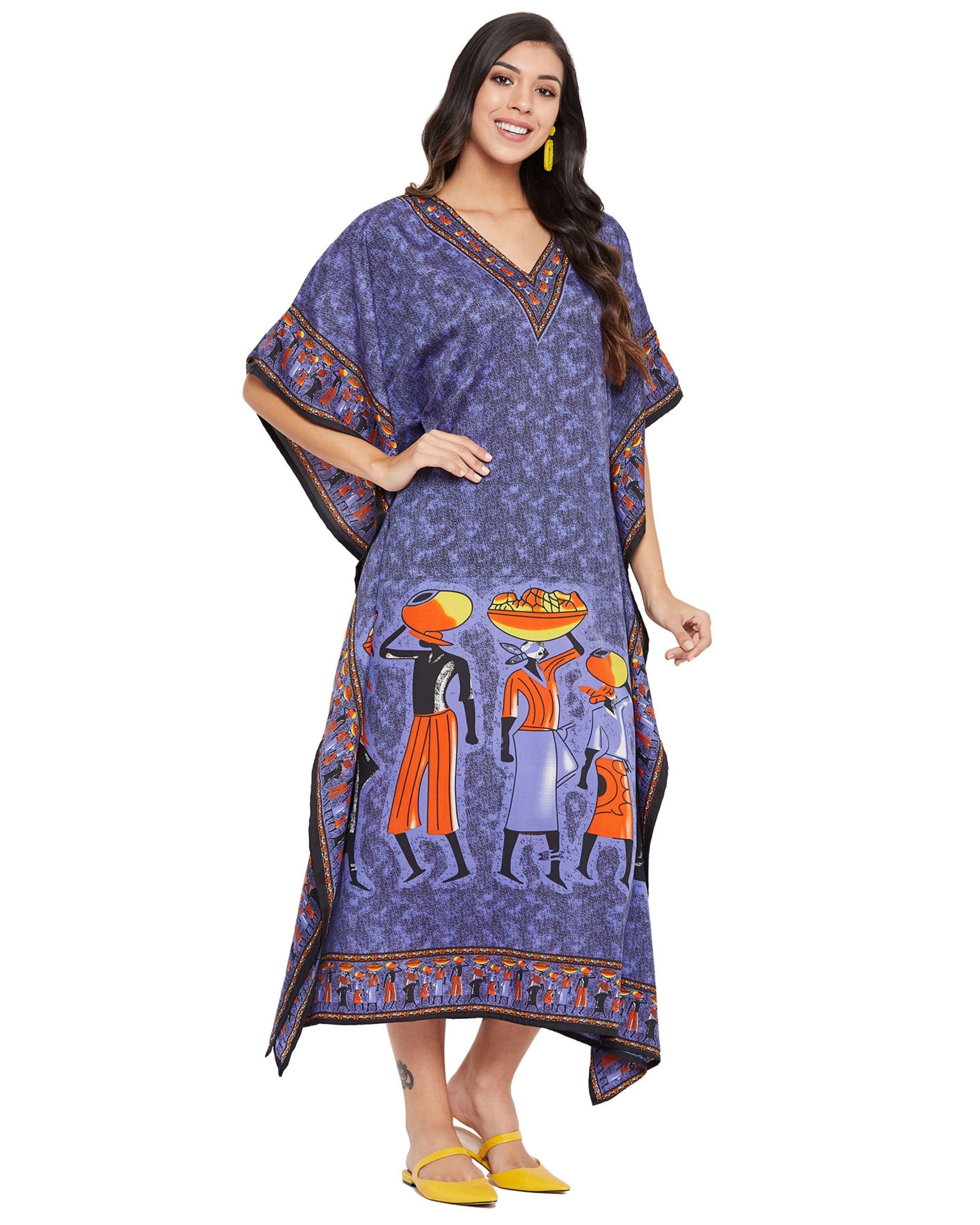 Purple Tribal Printed Polyester Kaftan For Plus Size Women
