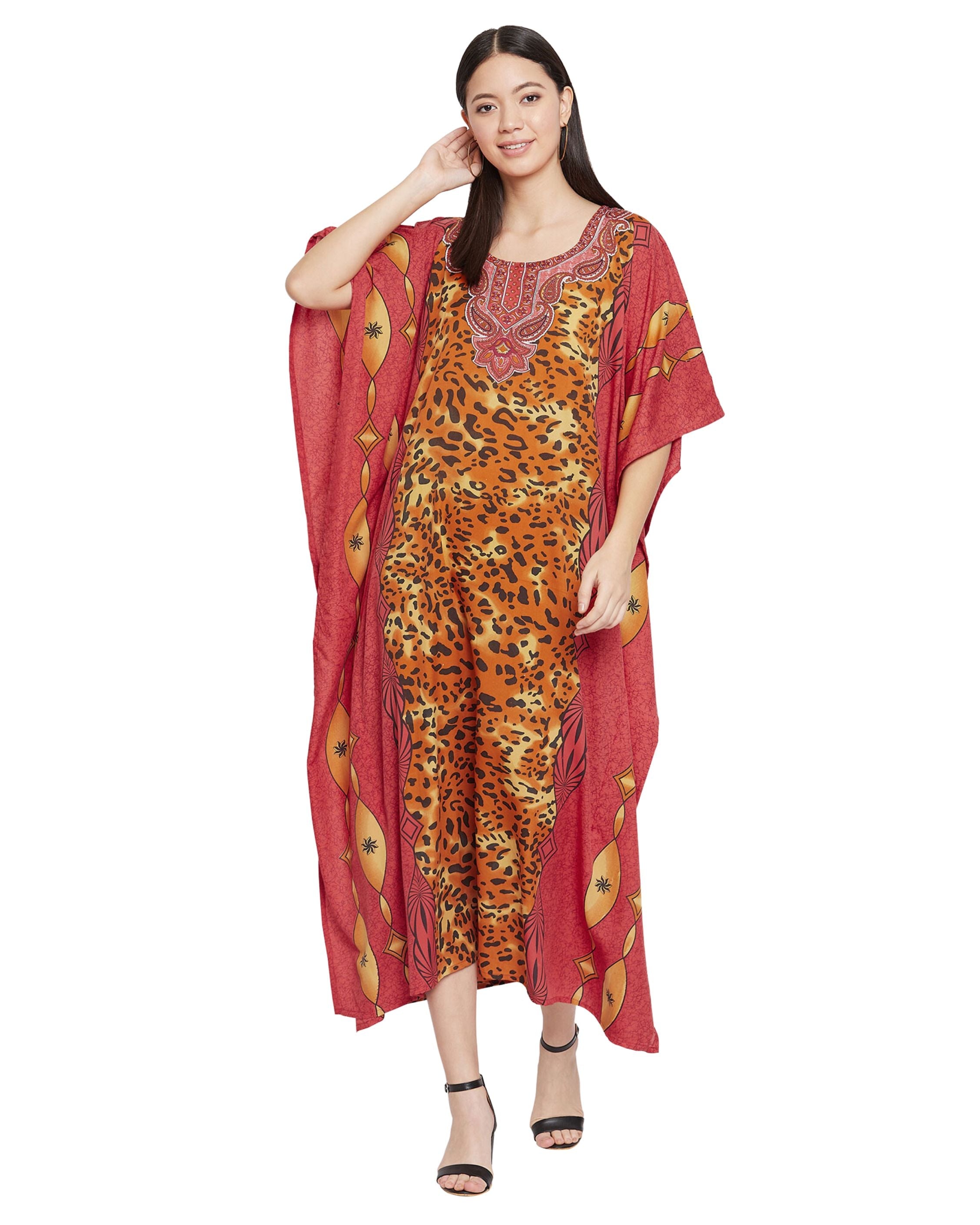 Leopard Printed Red Polyester Caftan Dress for Women