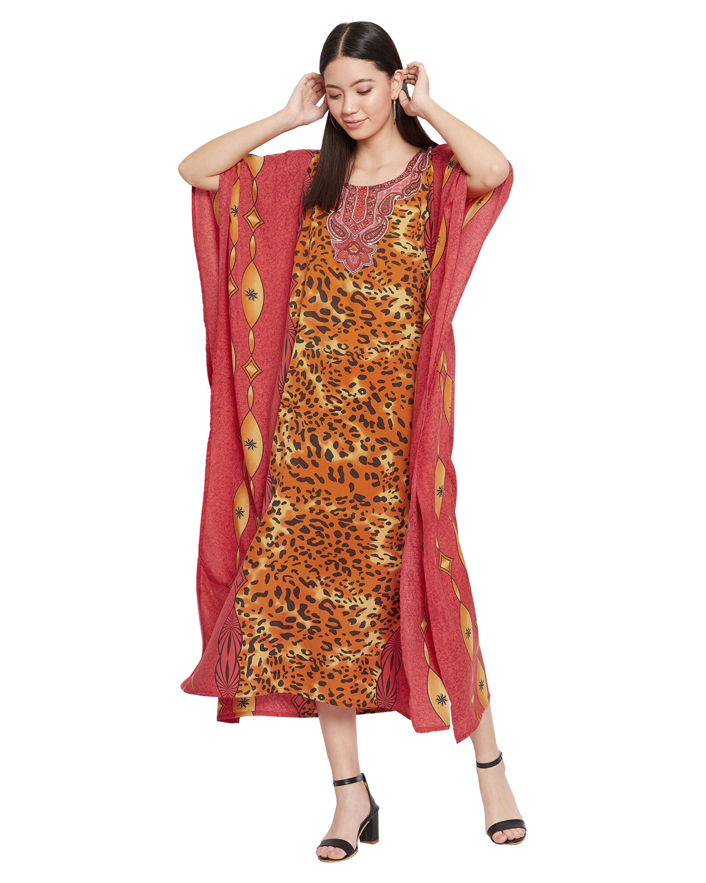 Leopard Printed Red Polyester Caftan Dress for Women
