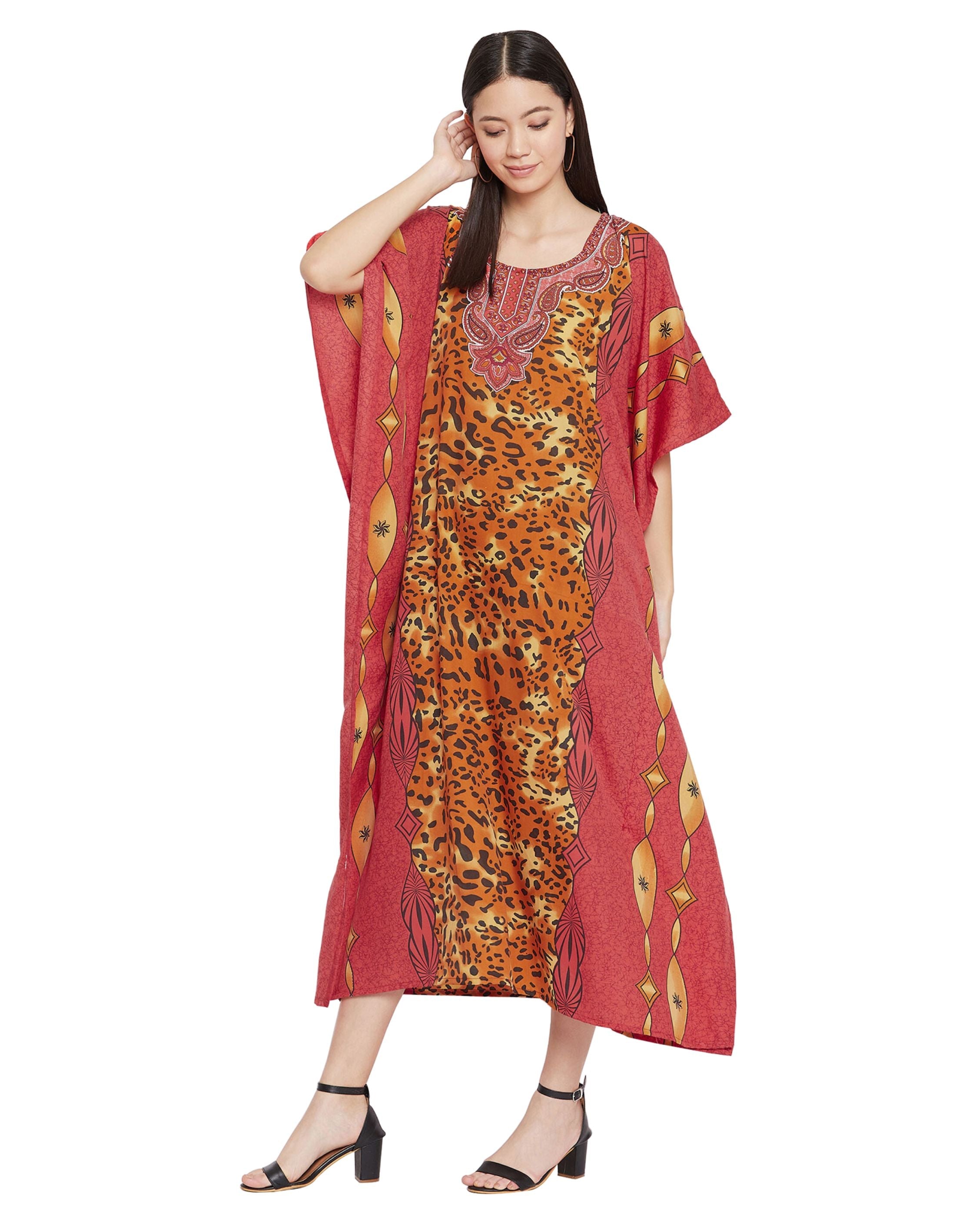 Leopard Printed Red Polyester Caftan Dress for Women