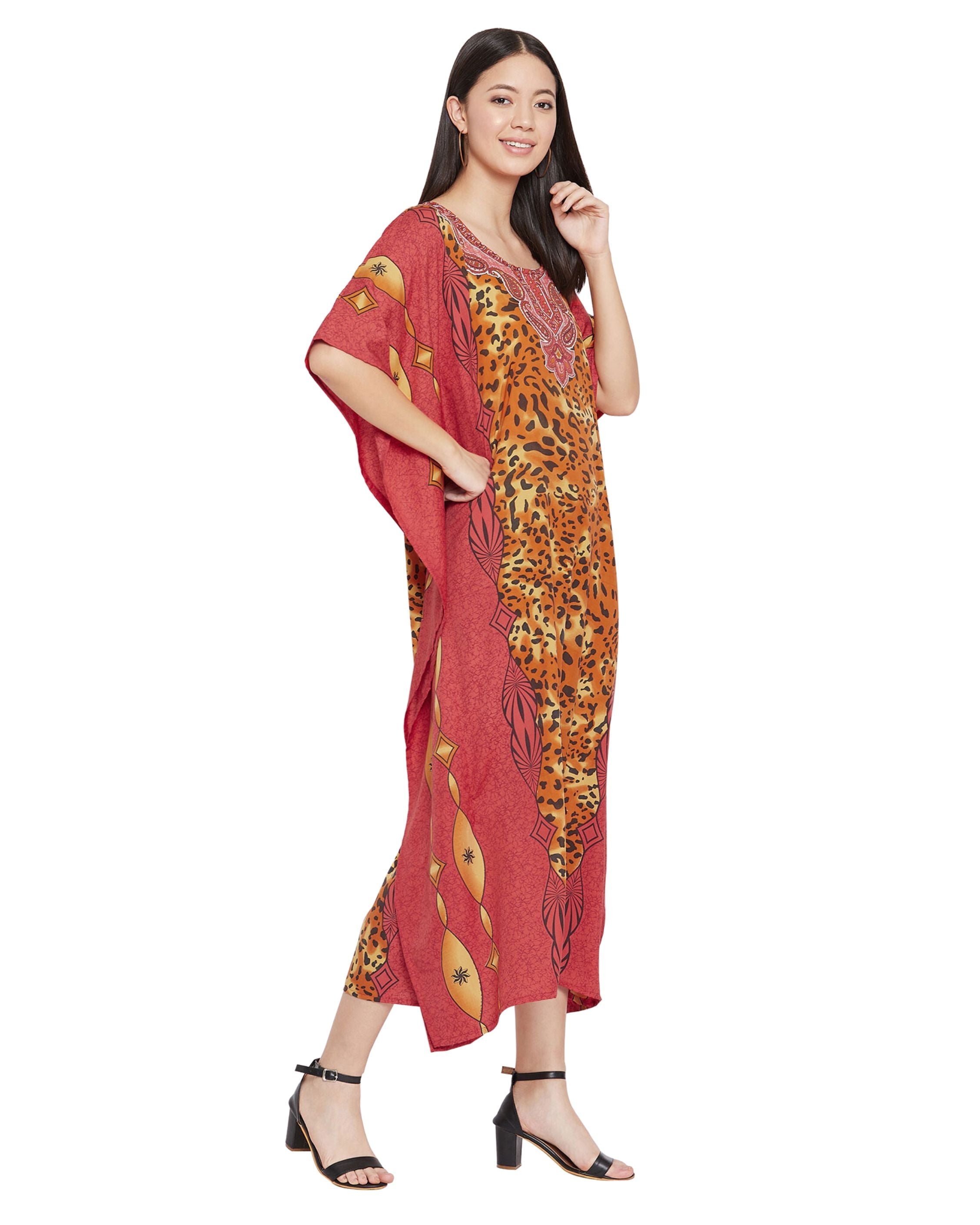 Leopard Printed Red Polyester Caftan Dress for Women